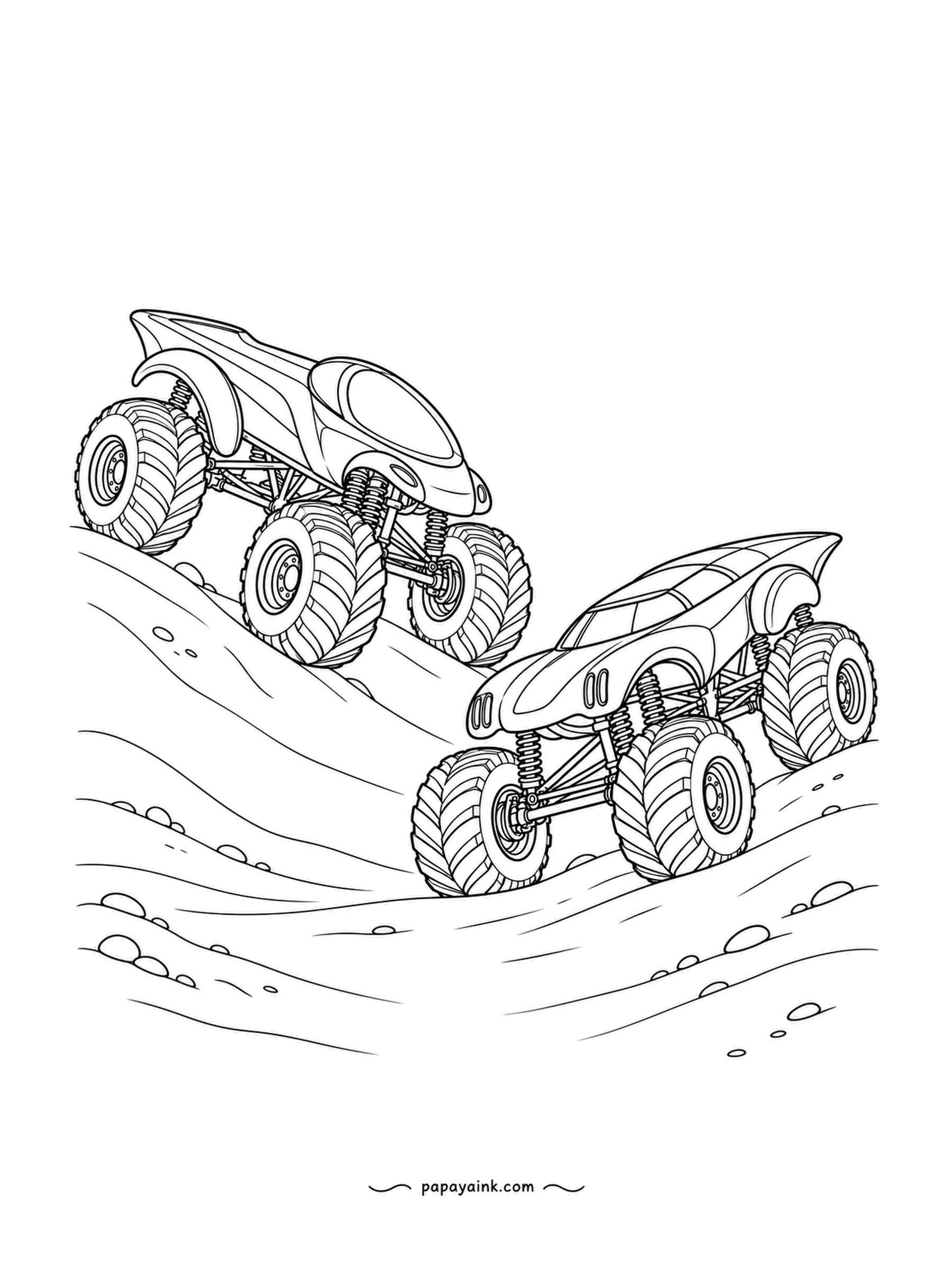 Monster Truck Coloring Pages - Dune ridge, two trucks crossing in opposite directions. The capsule-nosed racer is already over the crest while the finned one is still climbing. Loose sand is drawn with a few strokes, which leaves room for a wide sunset sky.