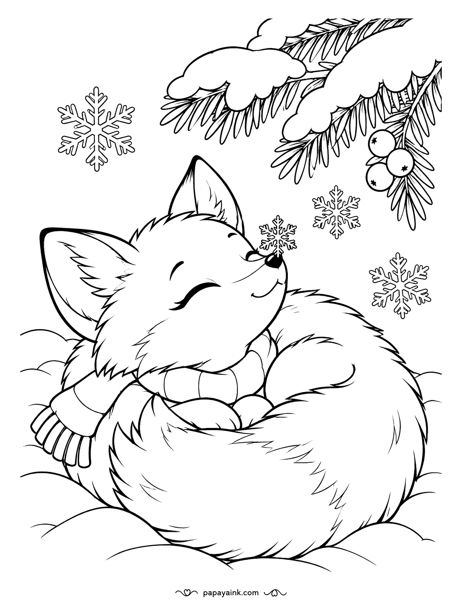 Free Printable Winter Coloring Pages - Eyes shut, nose up, one snowflake landing exactly where it was aimed. The fox is curled into its own tail like a cushion, a knitted scarf tucked under the chin, with snow-heavy pine branches overhead. Warm oranges against pure white snow work best here.