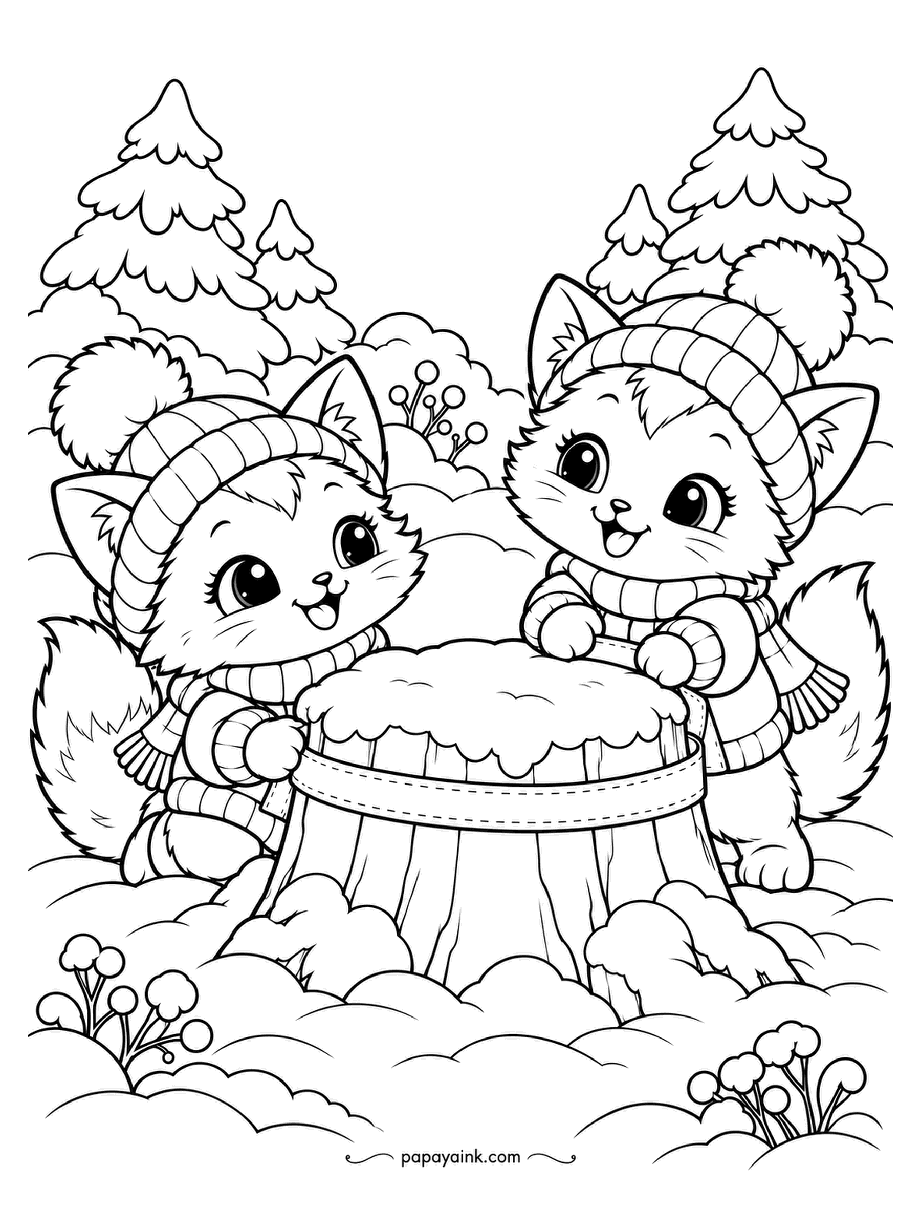 Cute Winter Coloring Pages - Measuring day: two fox cubs in matching hats wrap a ribbon around a snow-capped stump to see how fat it has grown. Evergreens and bushes all around. Orange fur, white chests, and the ribbon in whatever color is loudest.