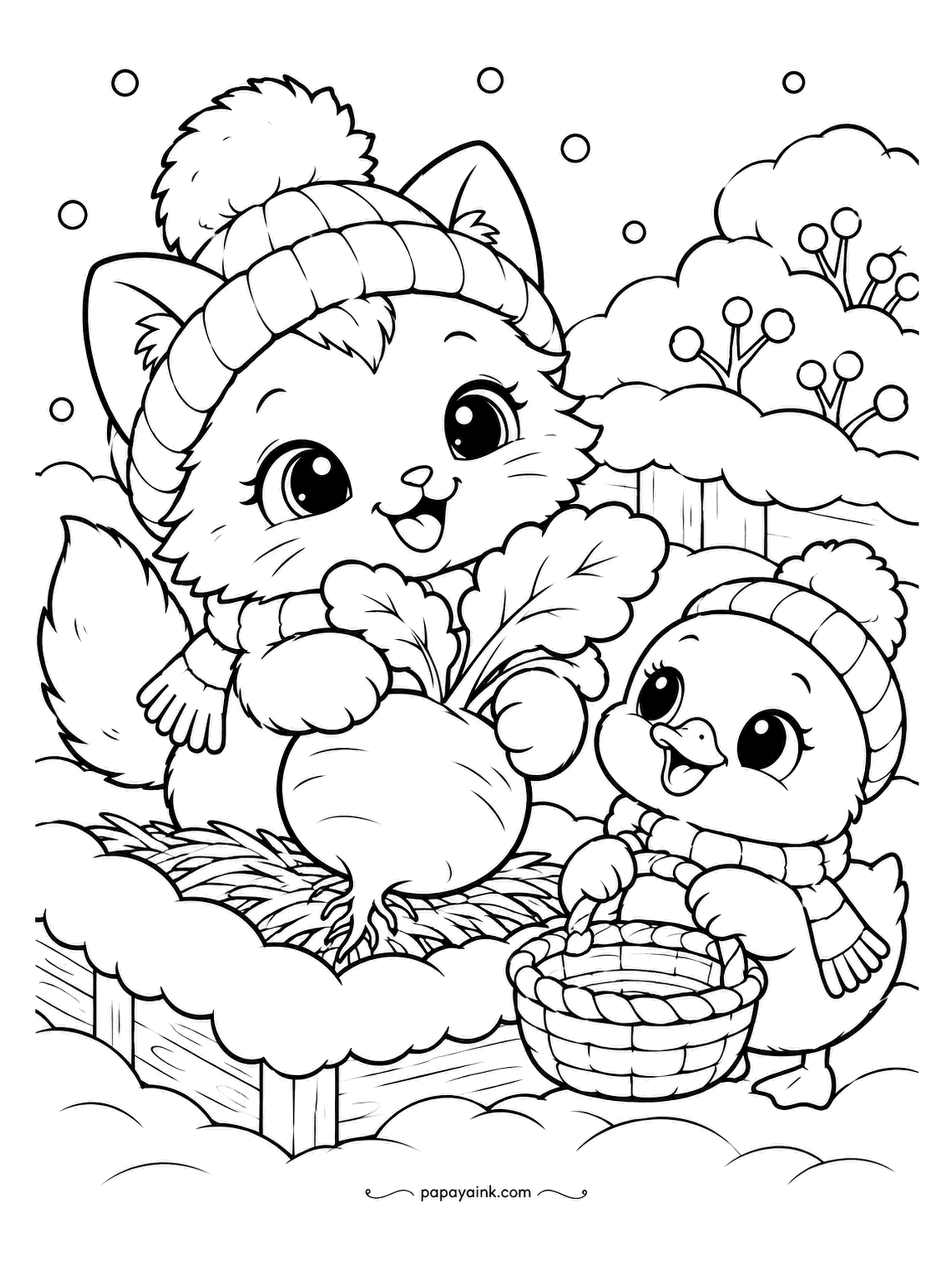 Kawaii Winter Coloring Pages - A fox pulls a root vegetable out of the snow bed, leaves first, and the duckling holds the basket as if it will be heavy. It will. Orange fox, green leaves, and the basket in a woven tan.