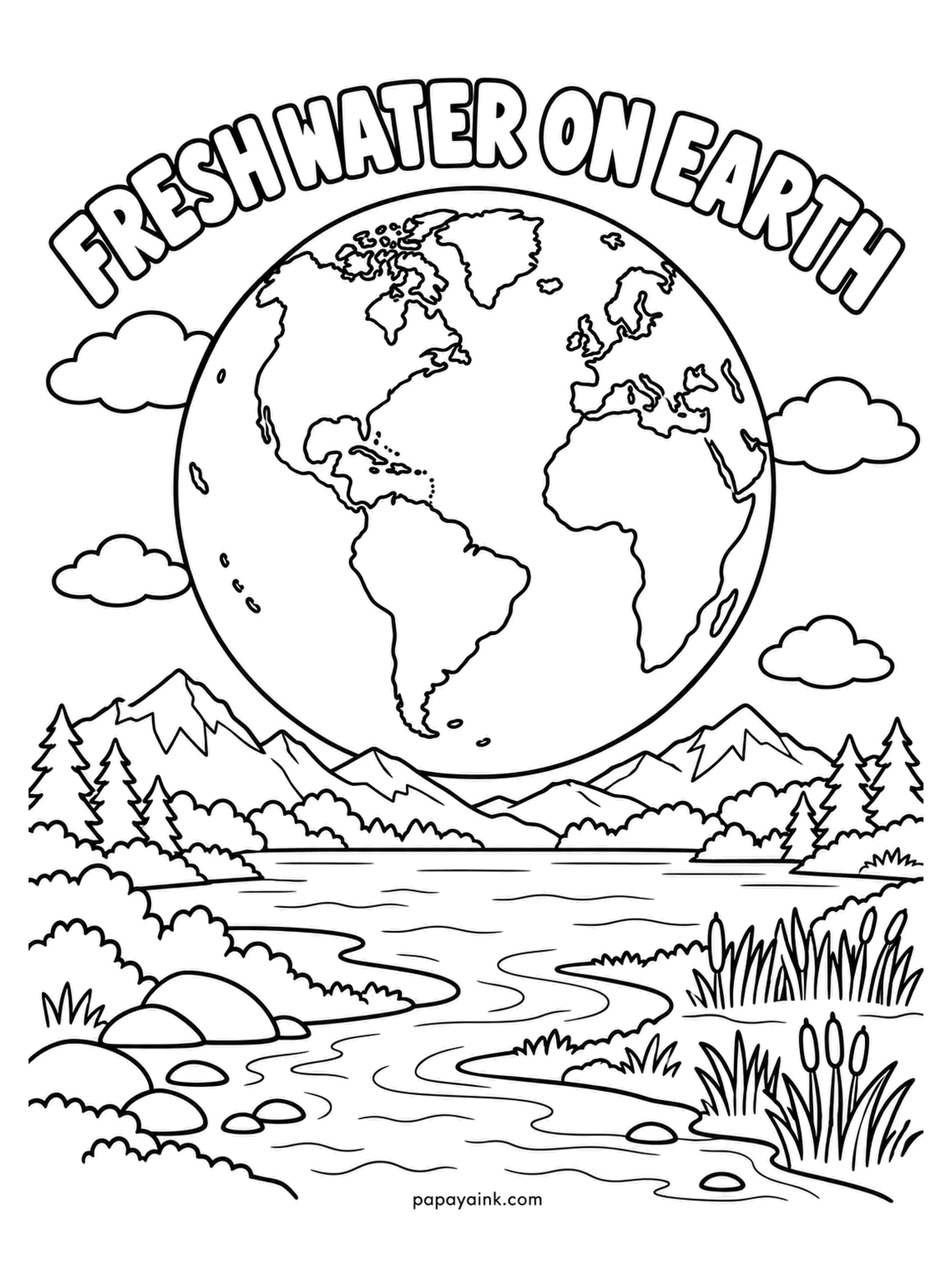 Earth Coloring Pages - Under three percent of the water on Earth is fresh, and most of that is locked in ice, so a lake like this is rarer than it looks. Pines and cattails ring the shore. Greener, softer blue for the lake than for the sea.