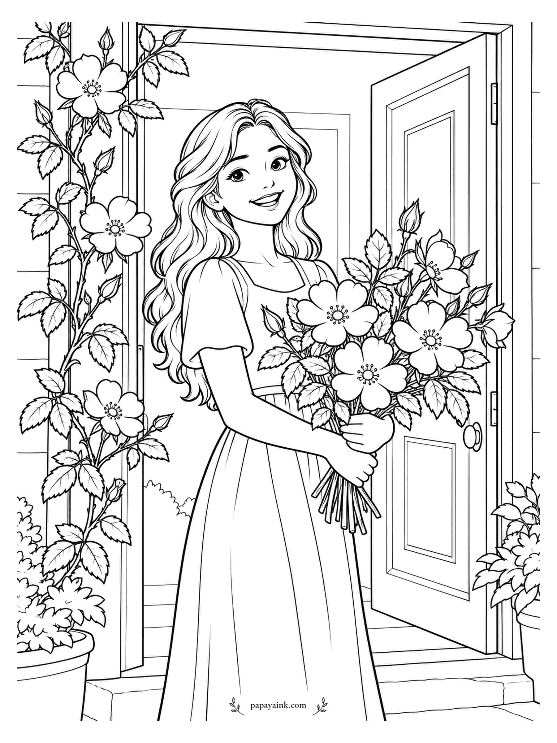 Rose Coloring Pages - Some visitors bring wine; this one brings an armful of wild roses and a grin. She stands at the open front door with a climber blooming right beside the frame. Large flowers and long hair make it a cheerful, easy page.
