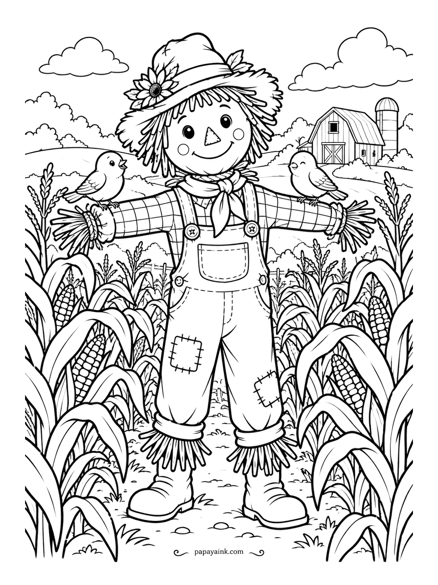 Farm Coloring Pages - Scarecrow standing in a cornfield with a bird on each outstretched arm, which tells you how well the job is going. Patched overalls, a flower on the hat, a smile stitched on. Plaid in two colors, straw everywhere the sleeves end.