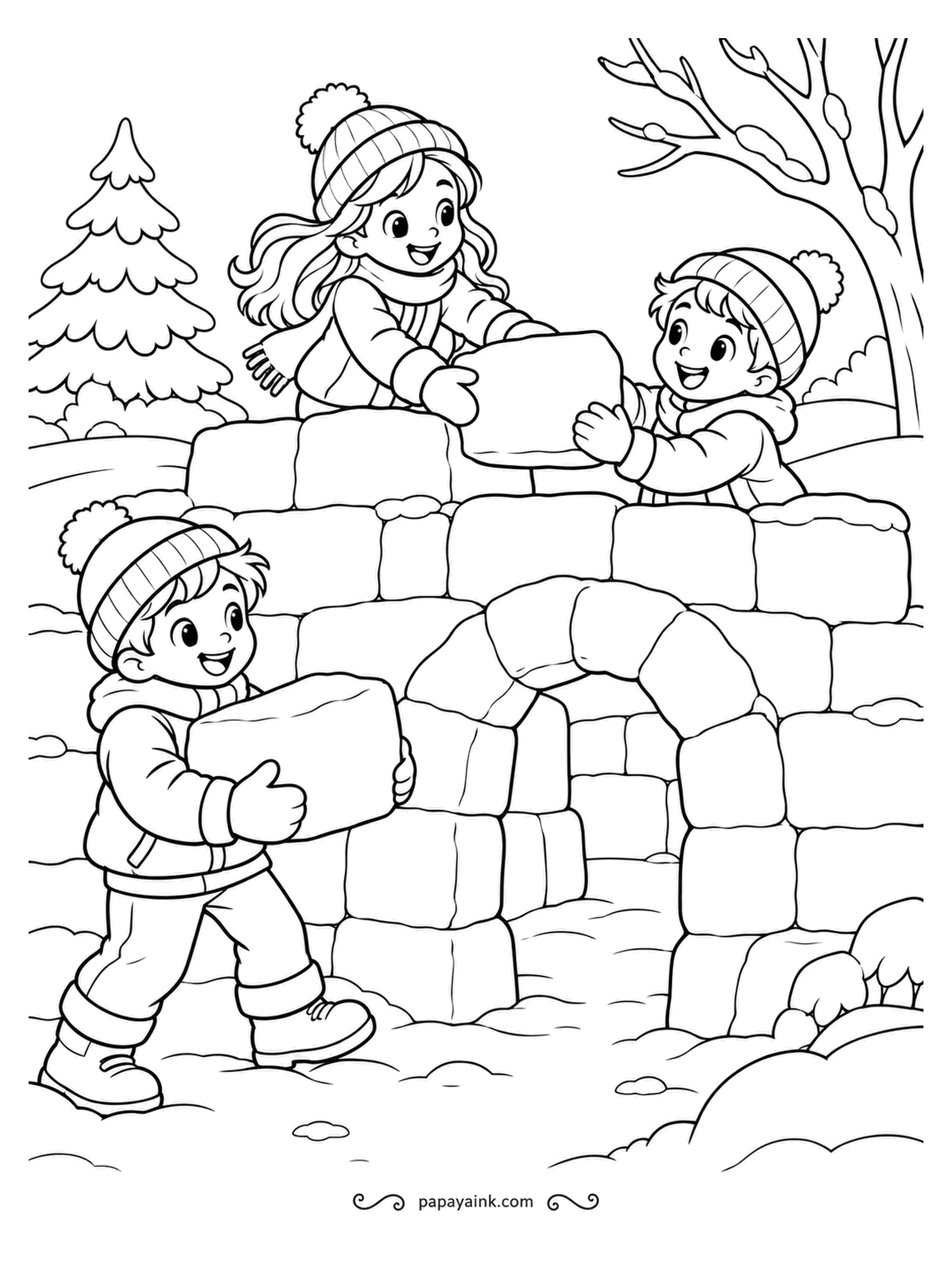 December Coloring Pages - Snow fort construction with proper block walls and an archway for the door. One builder carries, one lifts, one receives: a production line. Shade each block separately along its bottom edge so the wall reads as stacked snow.