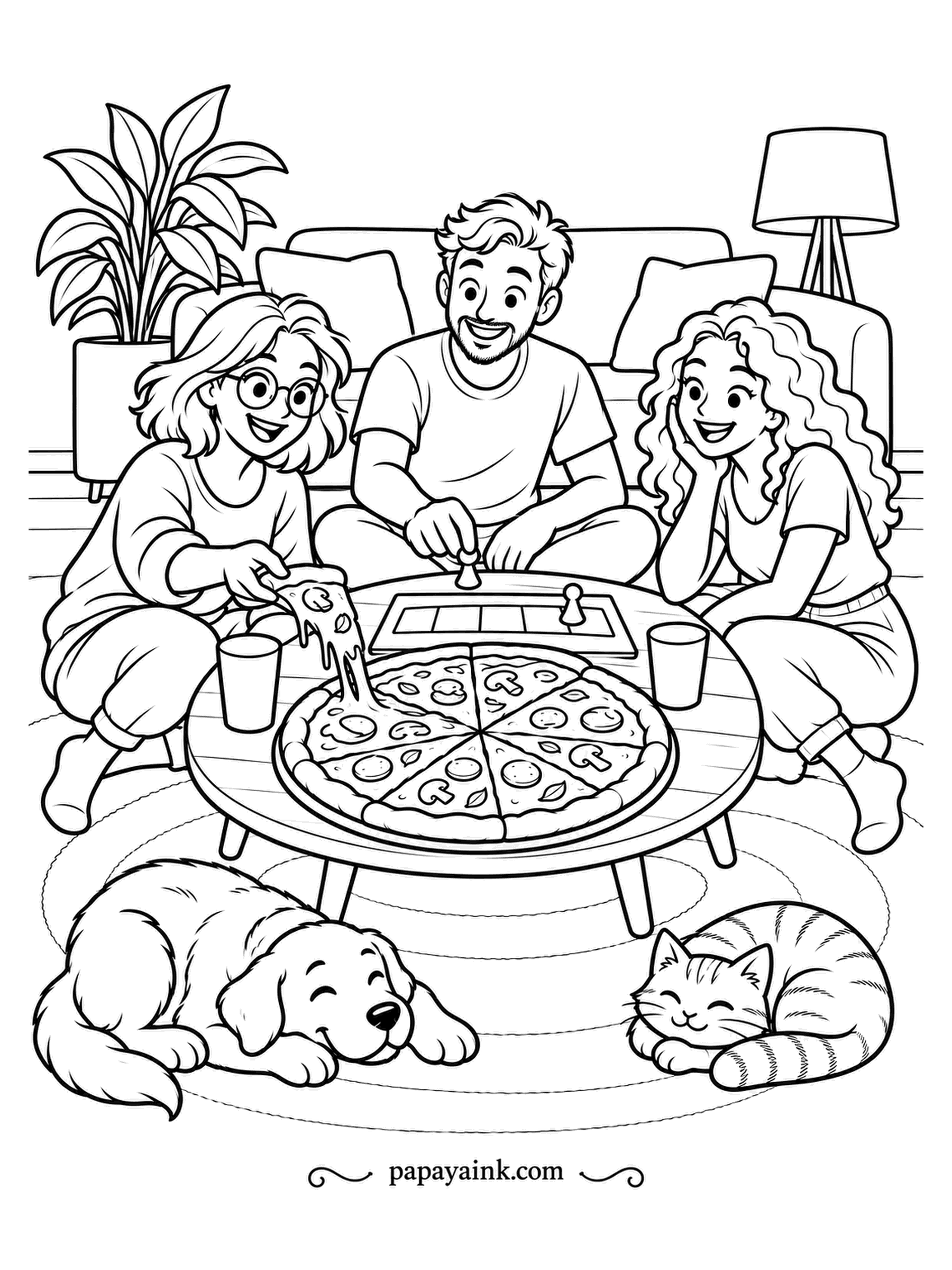 Pizza Coloring Pages - Board game on the coffee table, pizza beside it, one friend taking a slice with a string of cheese trailing. The dog and the cat have already fallen asleep on the rug. Lamp light works well here - warm yellows and browns.