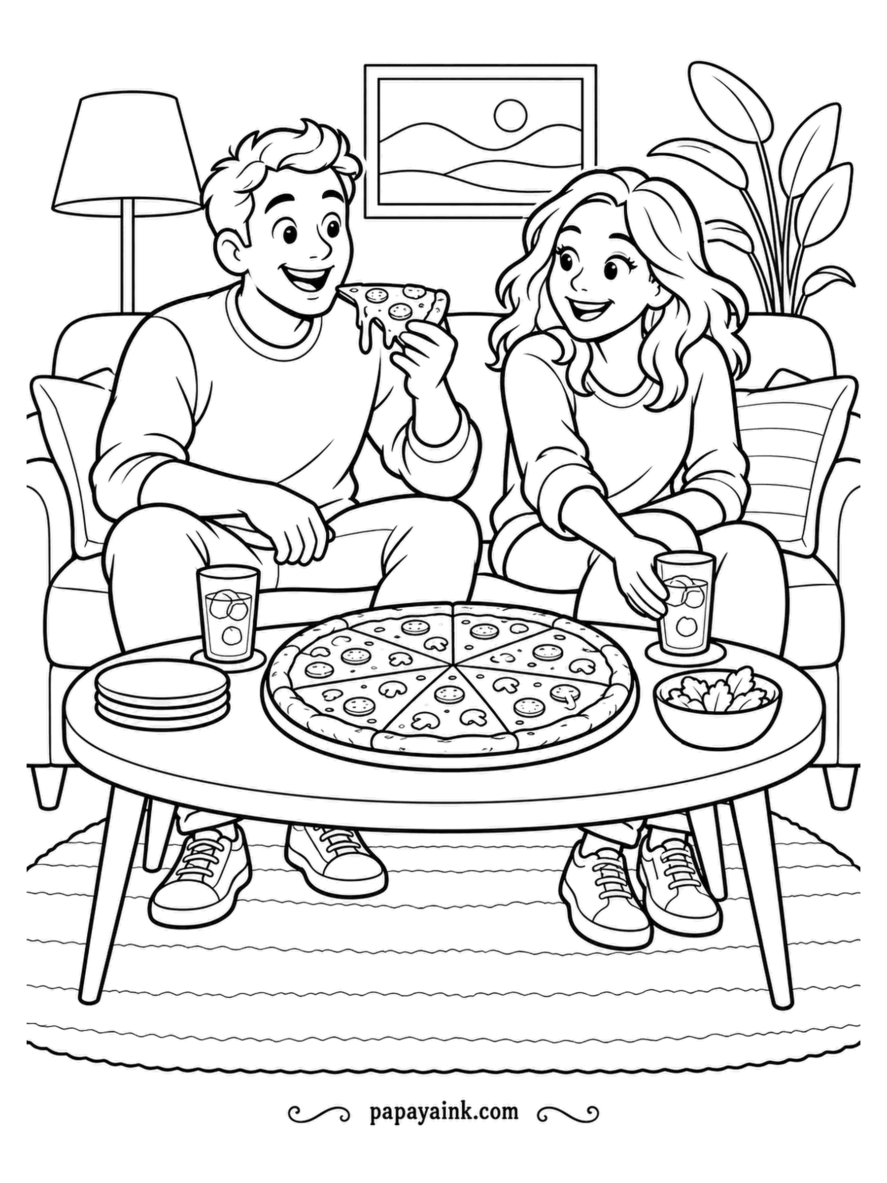Pizza Coloring Pages - Quiet night in: a couple on the sofa, pizza on the low table, two glasses with ice, a framed picture on the wall. Large plain surfaces - sofa, rug, lampshade - so the colors you pick for them set the mood of the whole room.