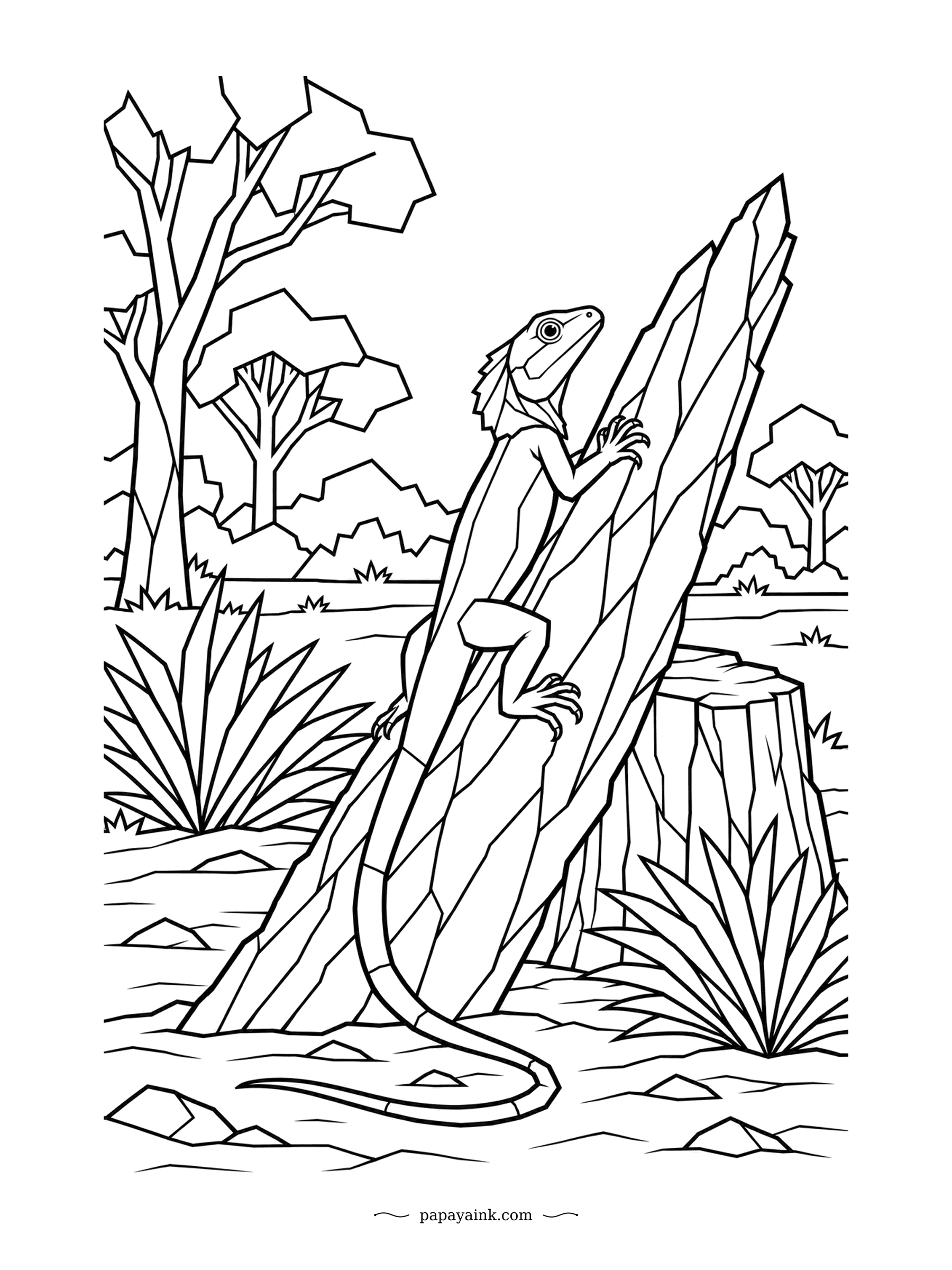 Lizard Coloring Pages - Up a tall slab of bark, claws first. The frilled lizard keeps its frill folded while climbing, saving the big display for emergencies. Angular low-poly trees and shrubs all around.