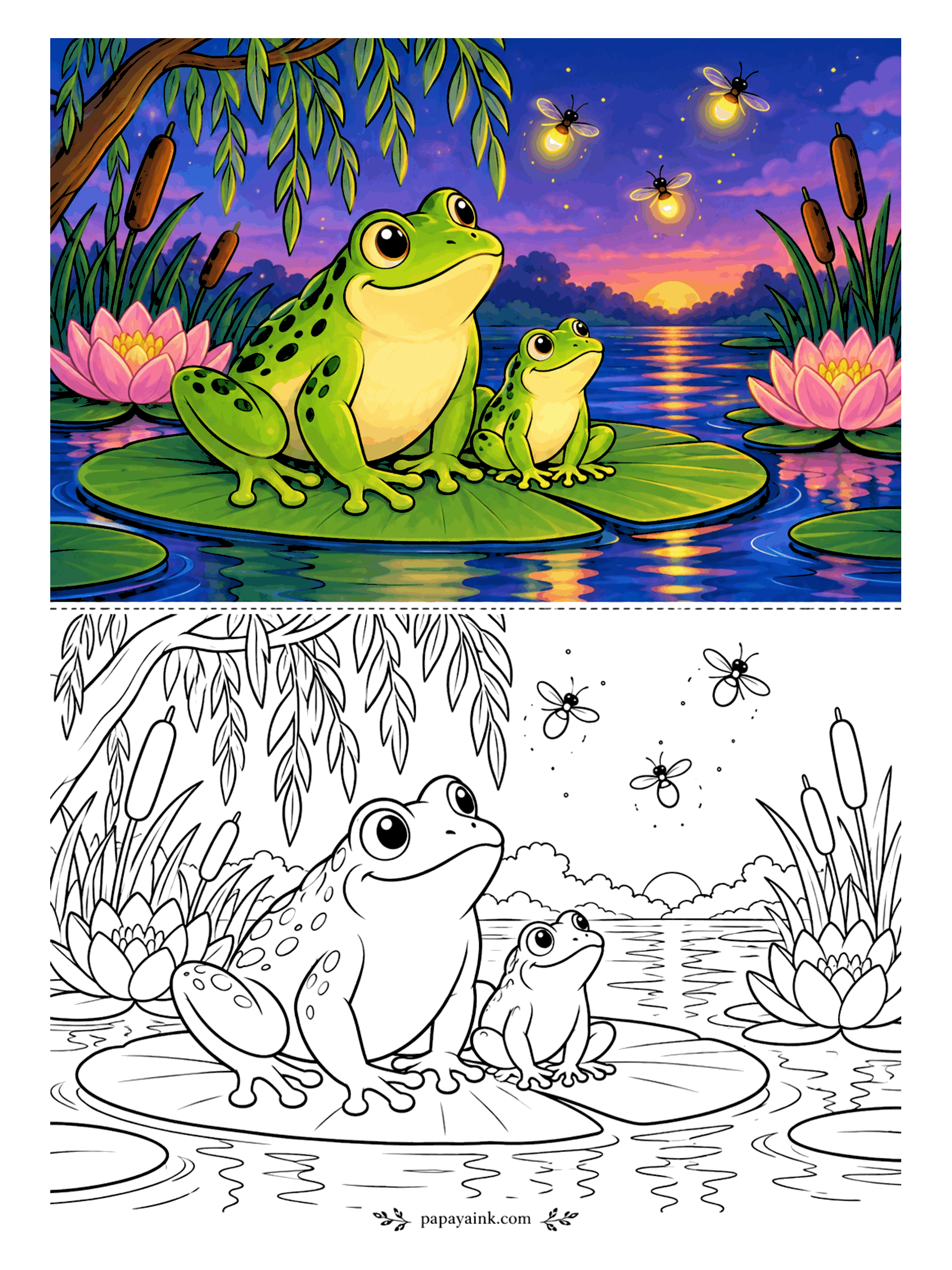 Frog Coloring Pages - Fireflies are out, the sun is nearly down, and the frog and his froglet have the best seat on the pond. Cattails, a willow, two lotus blooms. Sunset is the point here - blend orange into violet and keep the frogs bright green.