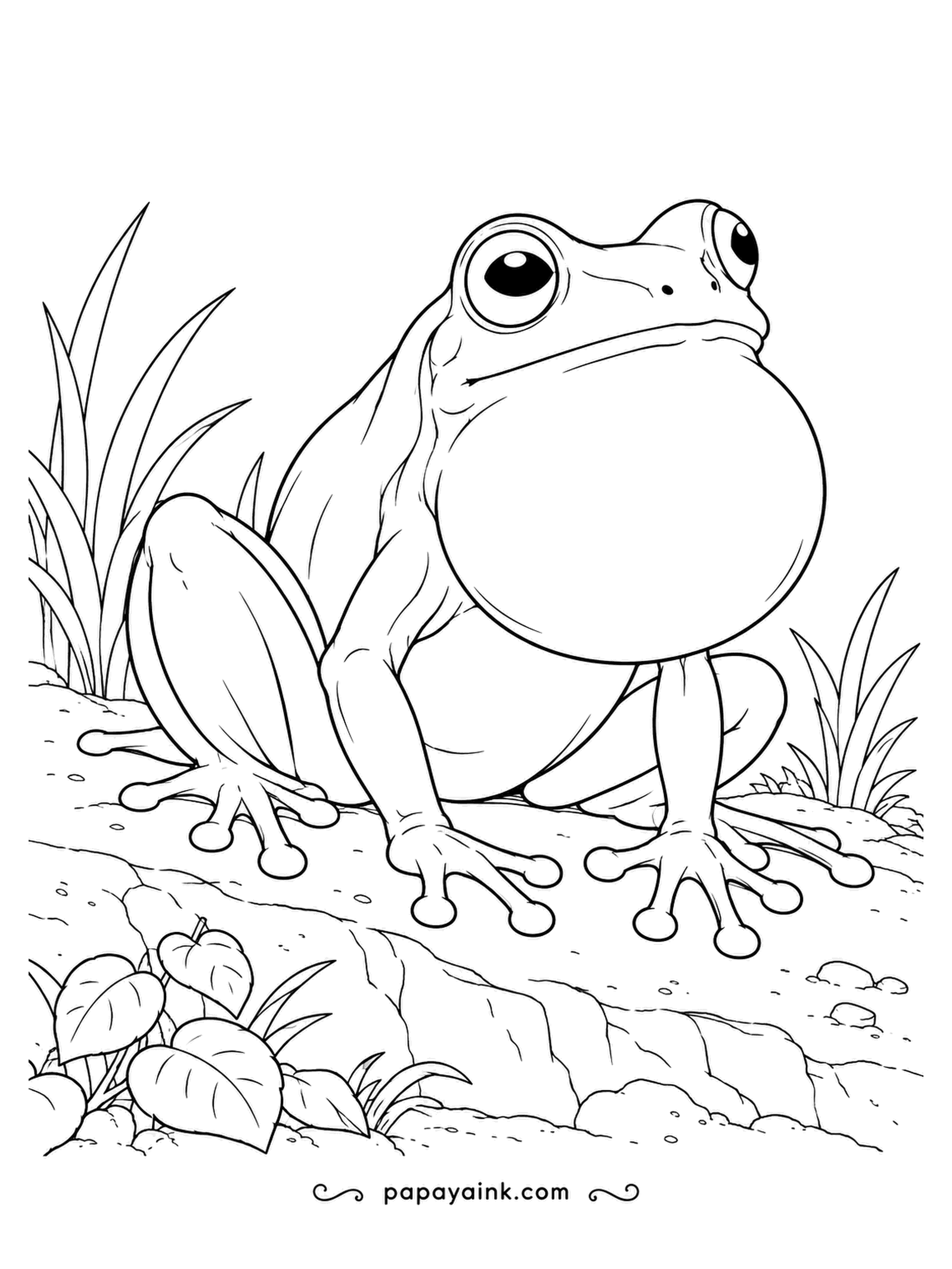 Frog Coloring Pages - Male frogs call by inflating a vocal sac in the throat, which acts like a balloon to make the croak carry much farther. This one has puffed it up to full size. Realistic and detailed.