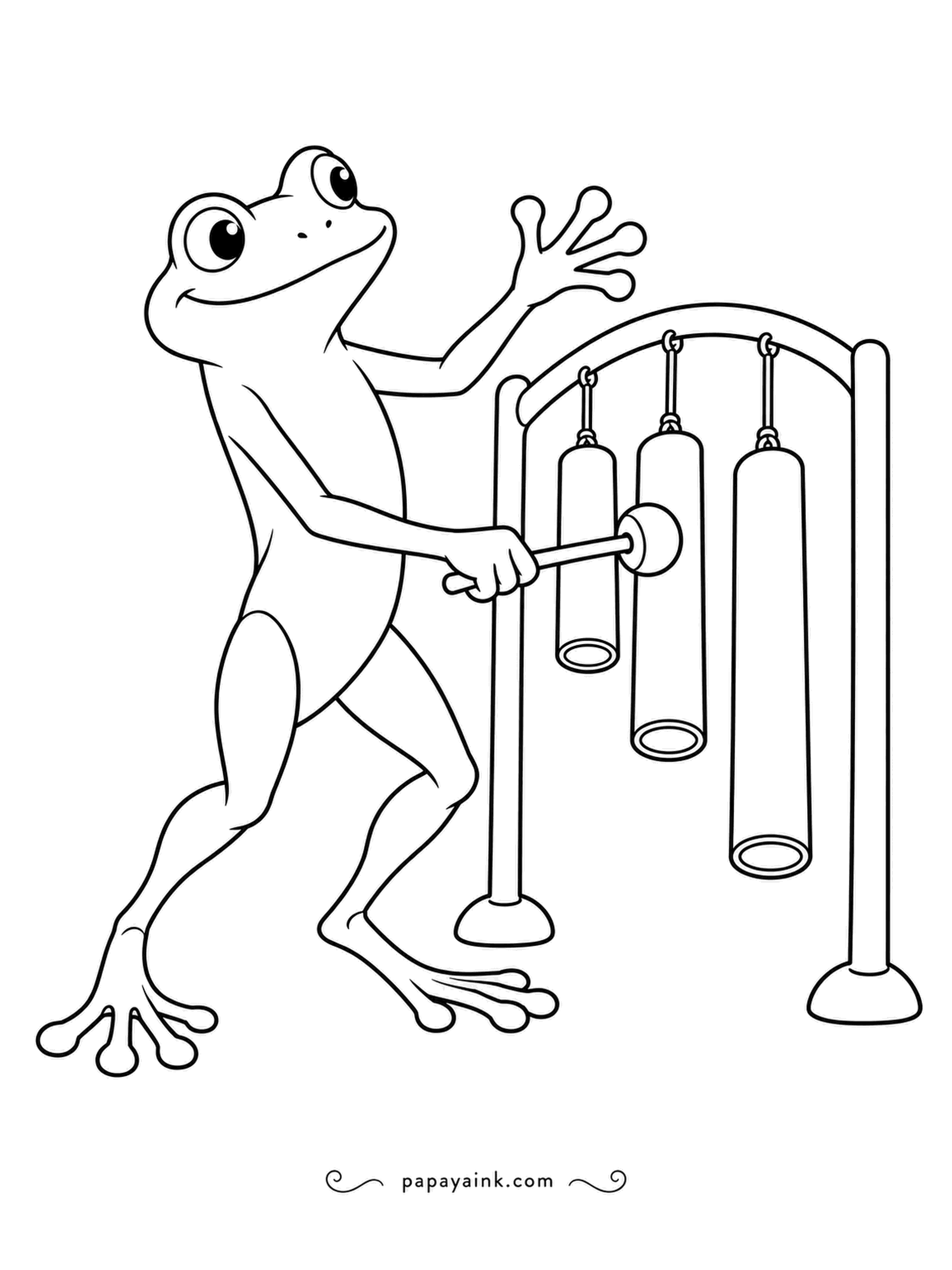 Frog Coloring Pages - Chimes of different lengths ring different notes: longer tubes sound lower. Our musician strikes them one by one with a padded mallet. Clean, simple lines.