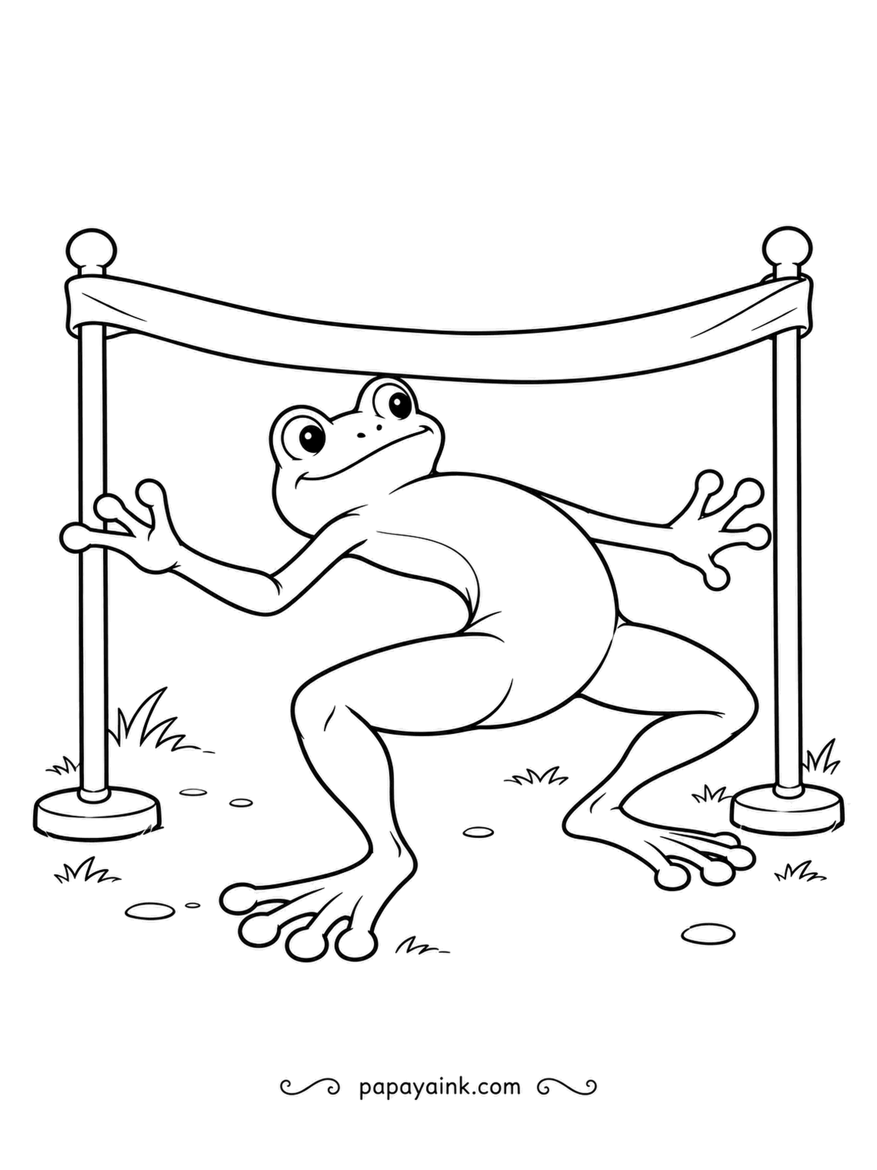 Frog Coloring Pages - How low can it go? Very low, if you have legs this long. Our limbo champion bends backward under the ribbon with toes planted wide. Easy contours and a fun pose.