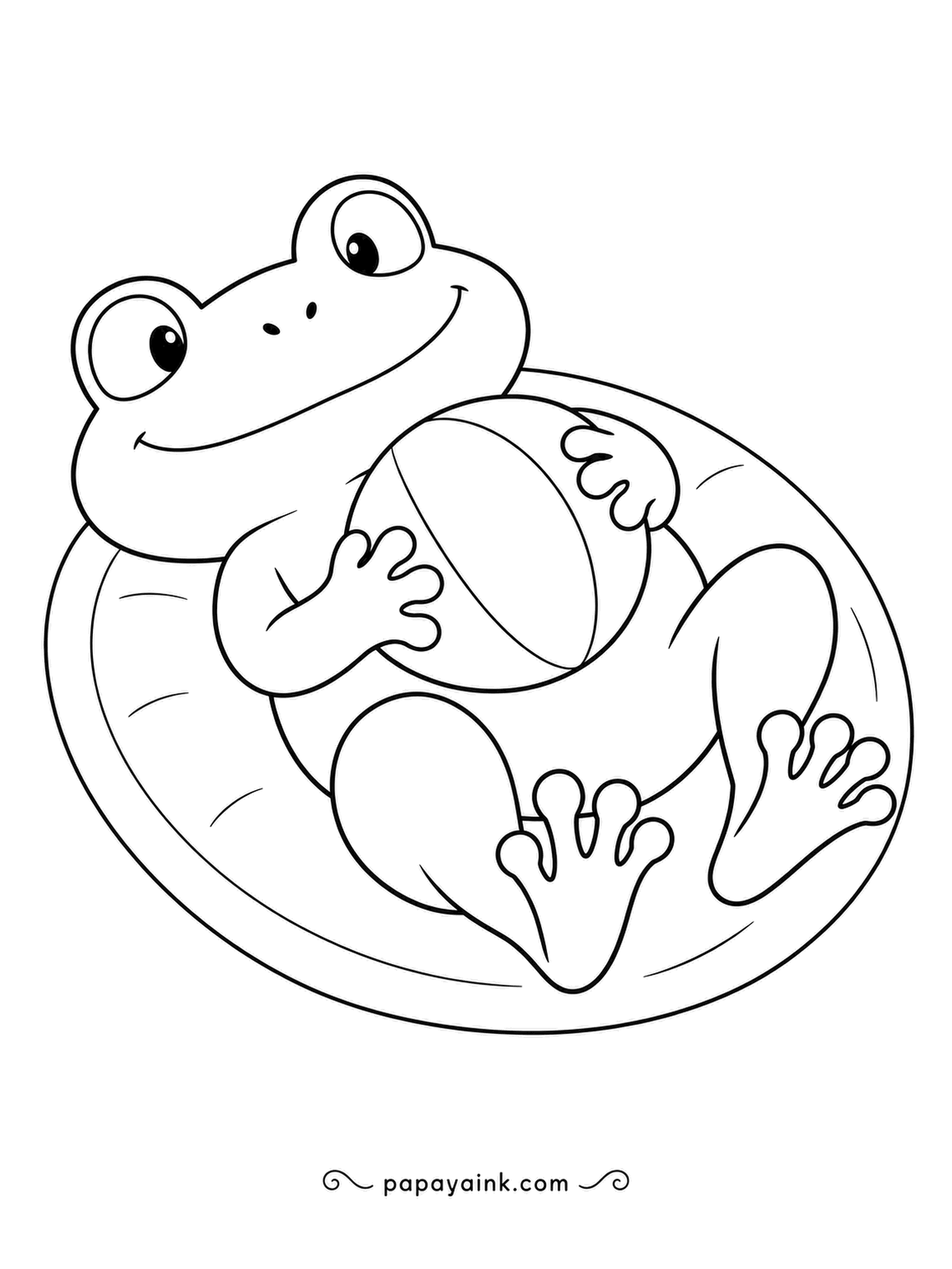 Frog Coloring Pages - Sprawled on a lily pad, the frog hugs a striped beach ball to its tummy and grins at the sky. Very few lines - perfect for small hands.