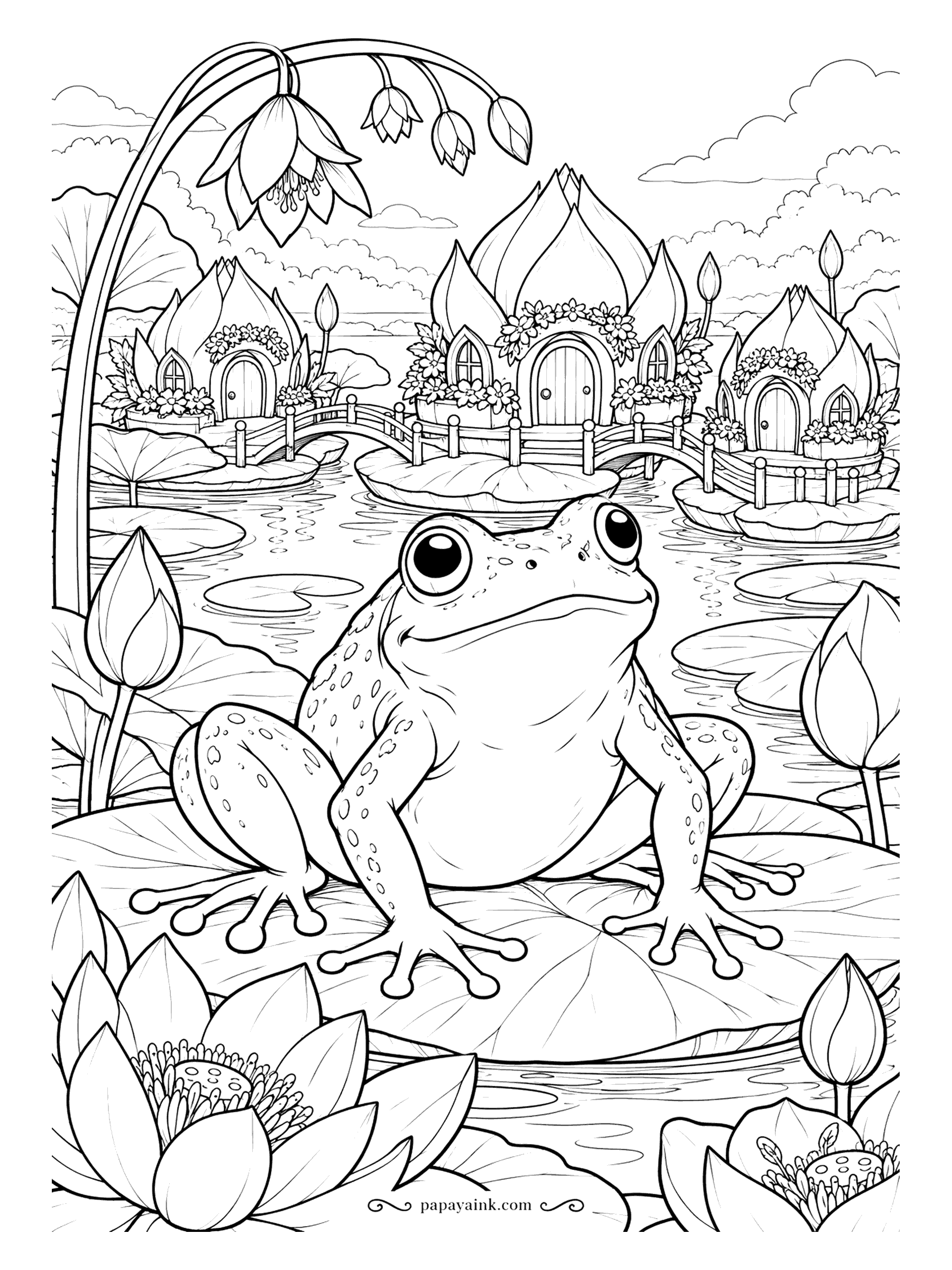 Frog Coloring Pages - A frog at the edge of a lily-pad village, flower-bud cottages and little bridges across the water. Pastels for the houses, strong greens for the frog, so the frog stays the hero. Detailed.