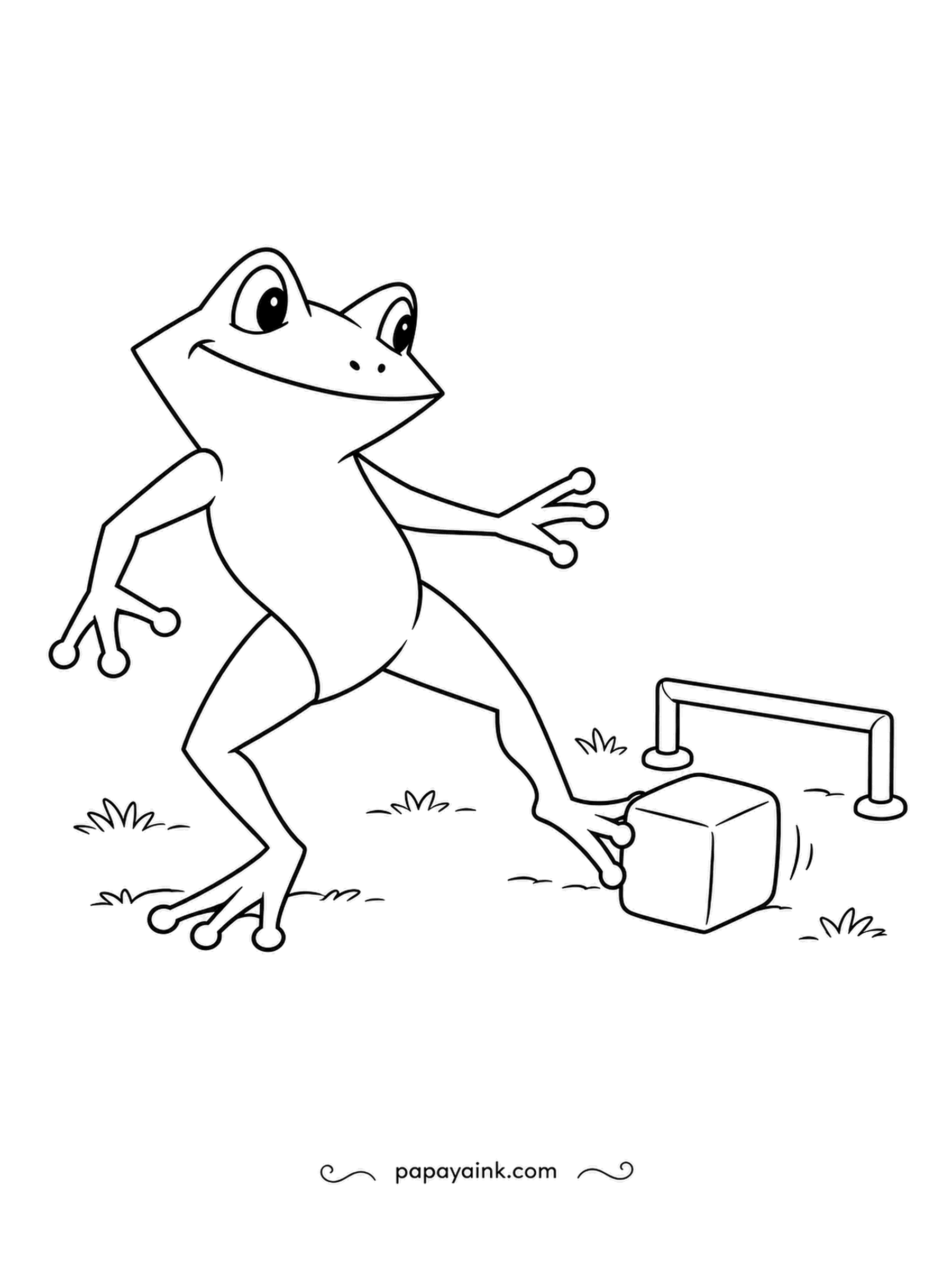 Frog Coloring Pages - Soft-cube soccer: one lanky leg swings and the foam cube tumbles toward the tiny goal. Score likely. Very few lines and lots of white space.
