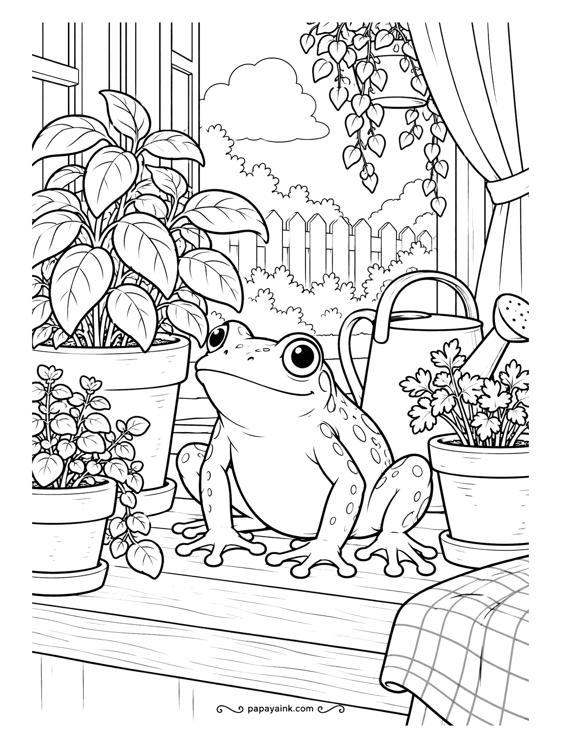 Frog Coloring Pages - Kitchen windowsill, basil and parsley in terracotta pots, a watering can, a checked cloth - and a frog who has let itself in. Terracotta orange next to frog green is the whole color scheme.