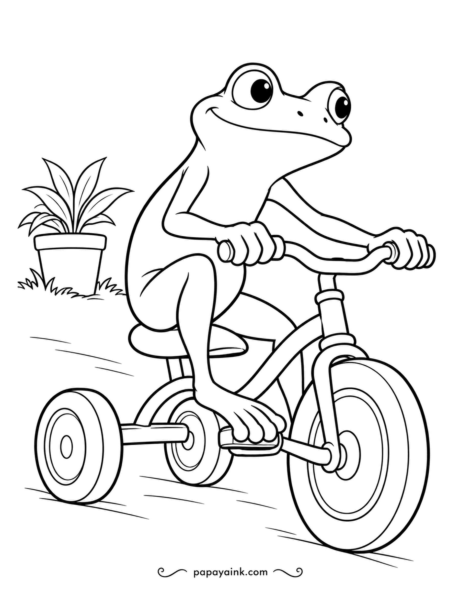 Frog Coloring Pages - Lanky legs, tiny trike: the rider pedals along the garden path, knees nearly at its chin. A potted plant watches it go by. Easy shapes.
