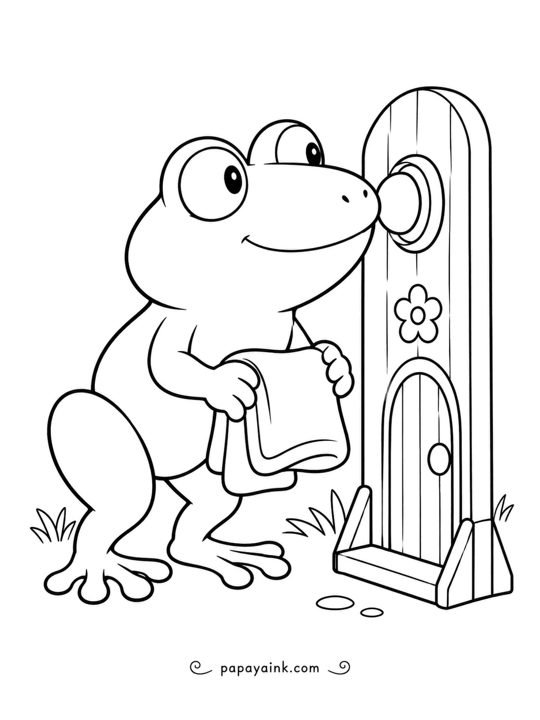 Frog Coloring Pages - Laundry in both hands, so the doorbell gets pressed with a nose. The little arched door has a flower painted on it. Friendly, rounded shapes.