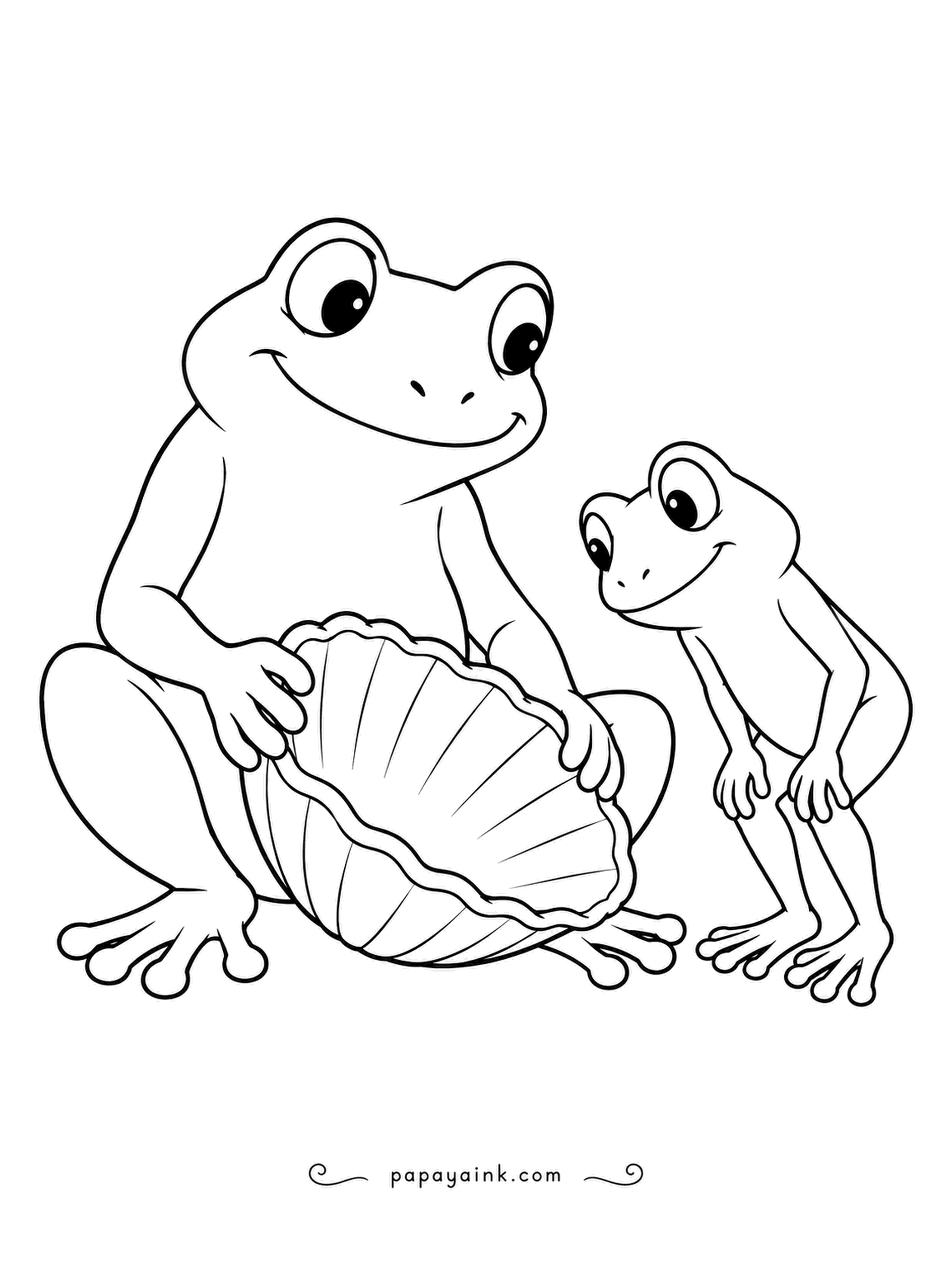 Frog Coloring Pages - A grown frog shows a curious froglet the big scallop shell found by the water. Real froglets start life as tadpoles and grow legs over several weeks. Gentle, rounded shapes.
