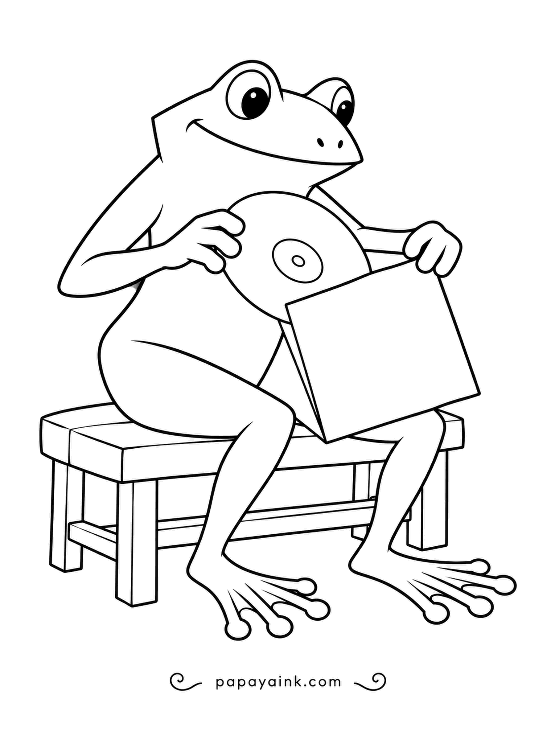 Frog Coloring Pages - Record collectors handle vinyl by the edges to keep fingerprints off the grooves, and this listener does exactly that. Seated on a bench, sleeve in hand. Simple and calm.