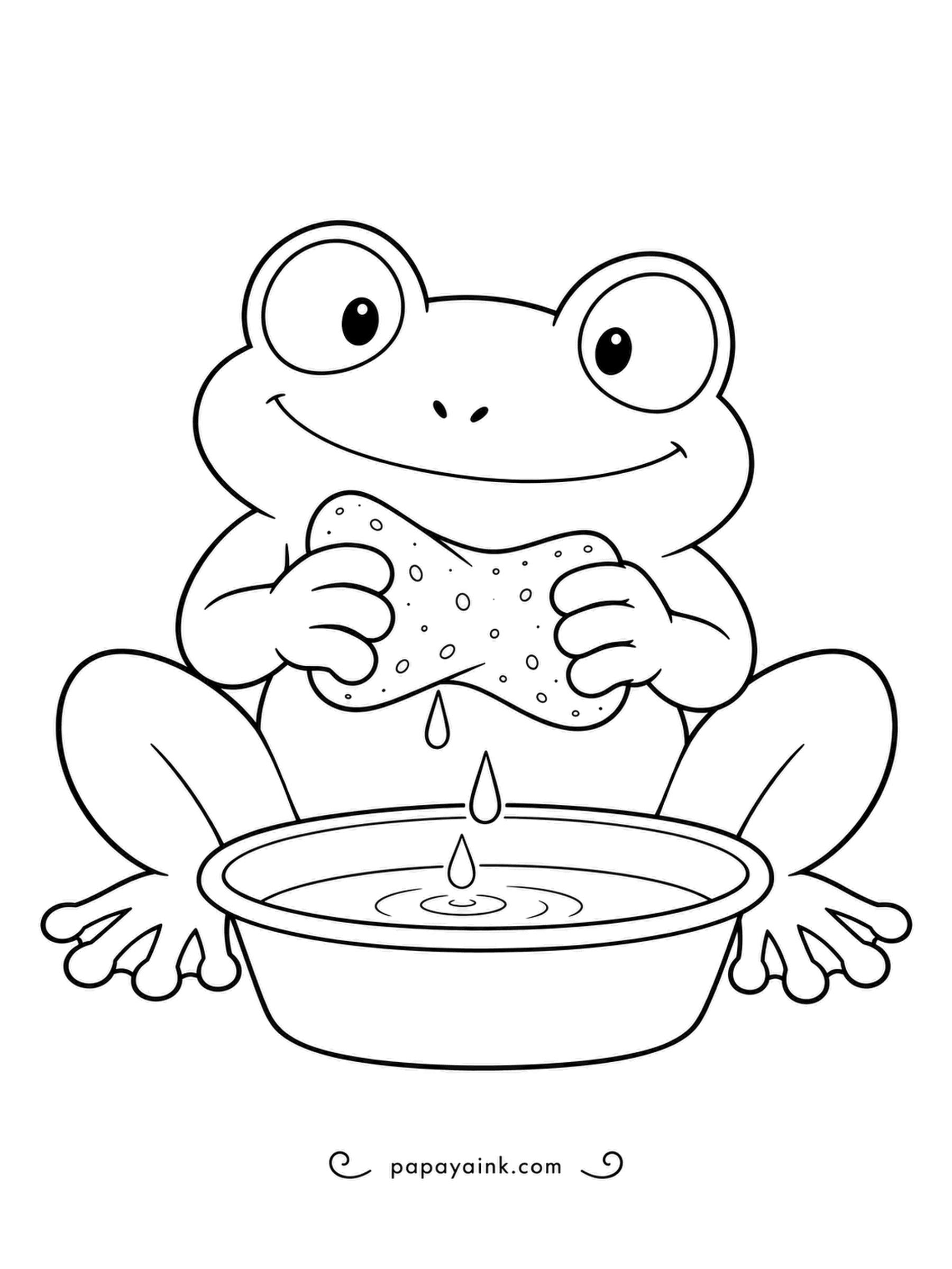 Frog Coloring Pages - Frogs drink through their skin rather than their mouths, so a wet sponge is basically a beverage. Here a few drops get squeezed into the basin. Chunky, friendly shapes.