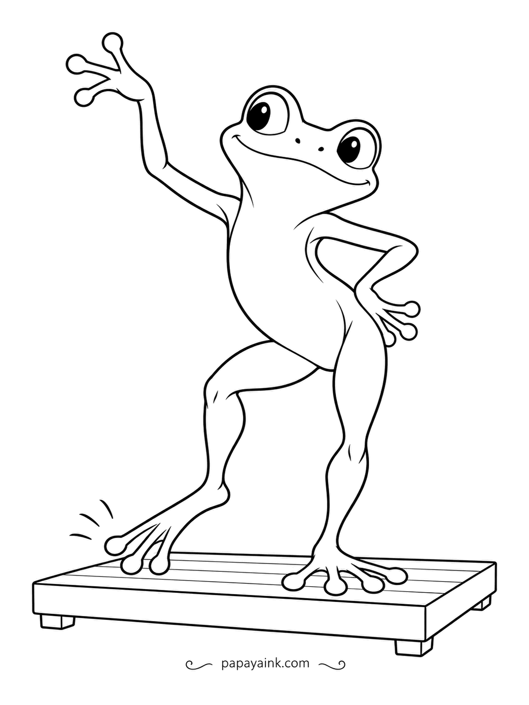 Frog Coloring Pages - Showtime: an arm raised high, a hand on the hip, toes tapping out a rhythm on the little wooden stage. Lanky legs and a lively pose - a cheerful, easy sheet.