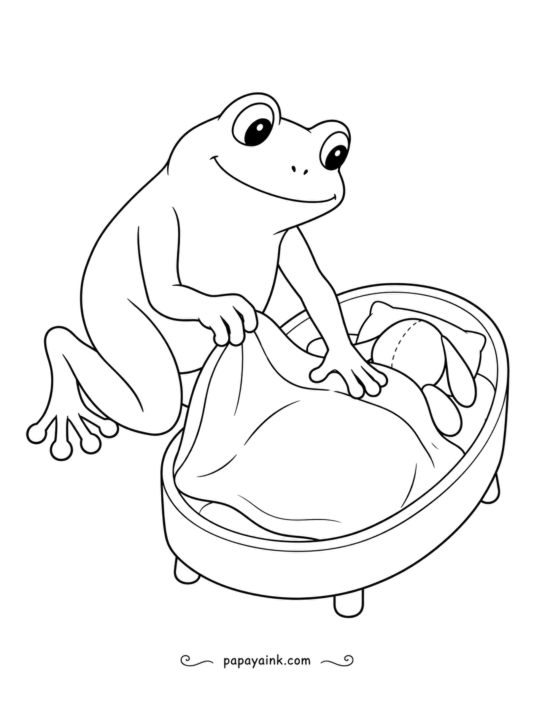 Frog Coloring Pages - Bedtime for the plush bunny: the frog pulls the blanket up to its chin in the tiny bed and smooths out every wrinkle. Soft folds - pastel bedding works well.
