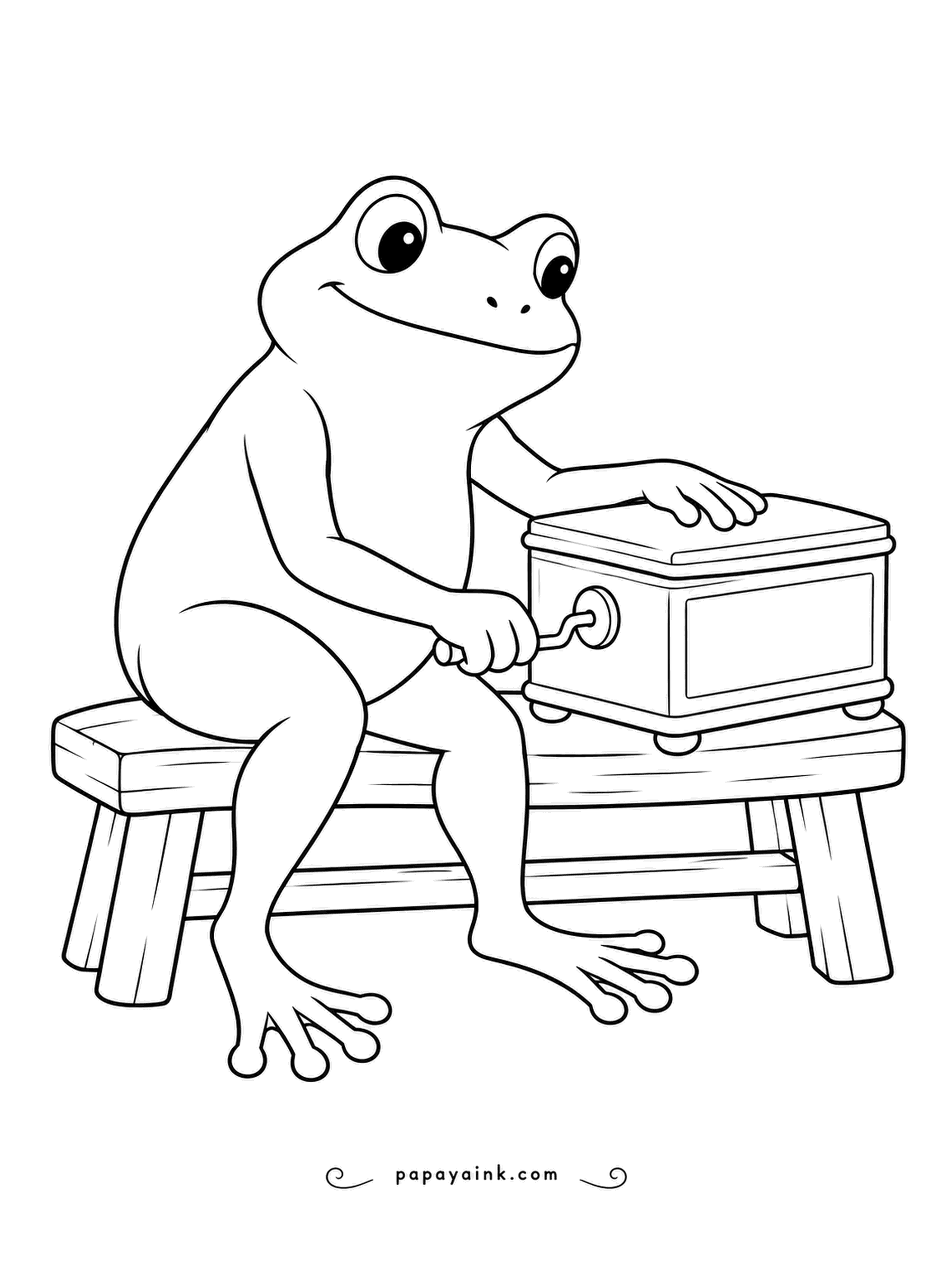 Frog Coloring Pages - Turn the little crank and a metal comb plucks the tune from a pinned drum inside the box. A steady webbed grip keeps the rhythm on the handle. Warm wood tones.