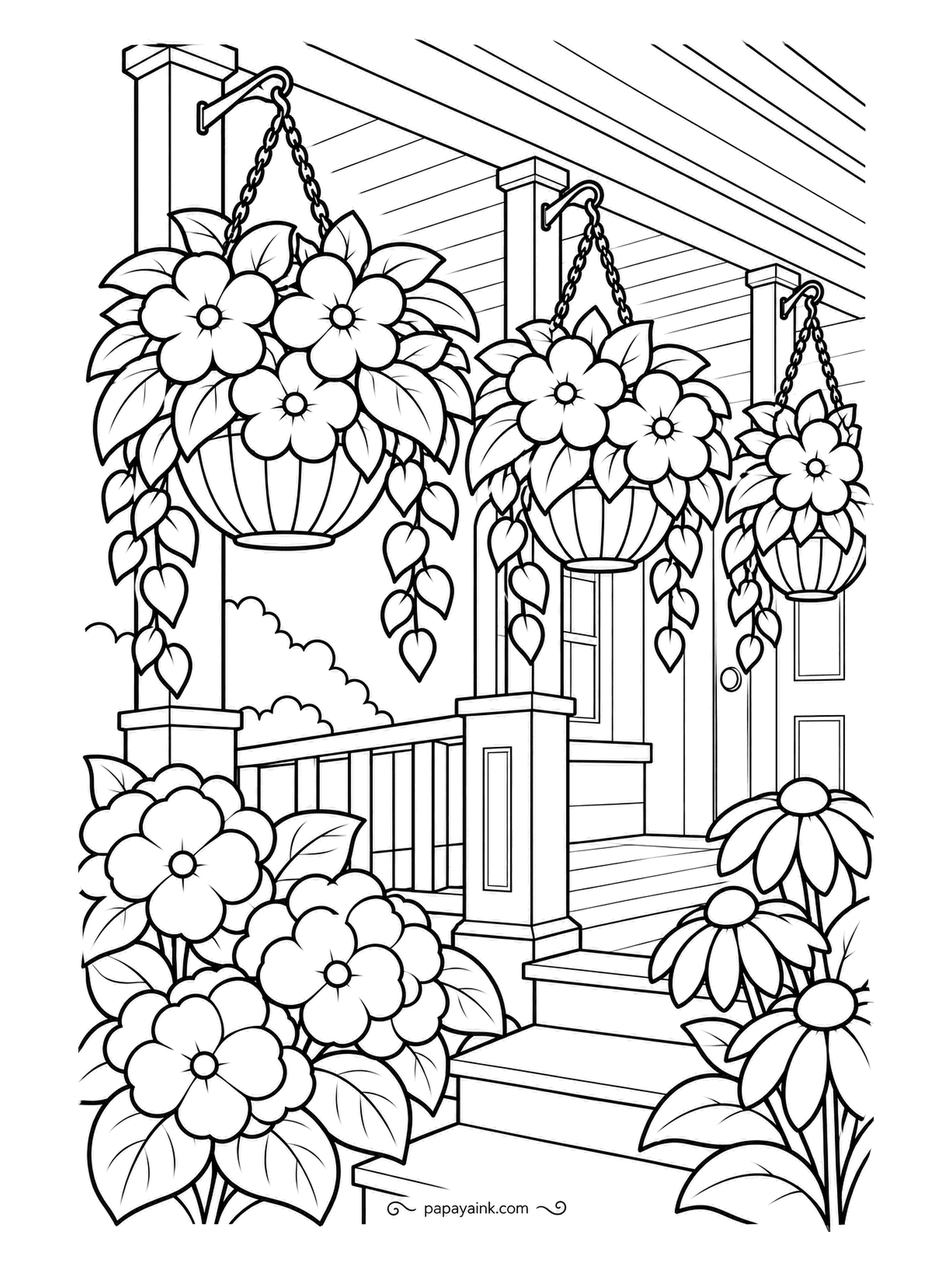 Garden Coloring Pages - Hanging baskets drip trailing vines along a covered porch, with hydrangeas and coneflowers planted at the foot of the steps. The chains and railings are fine lines - a sharp pencil helps. Porch boards in soft gray-blue make the baskets glow.