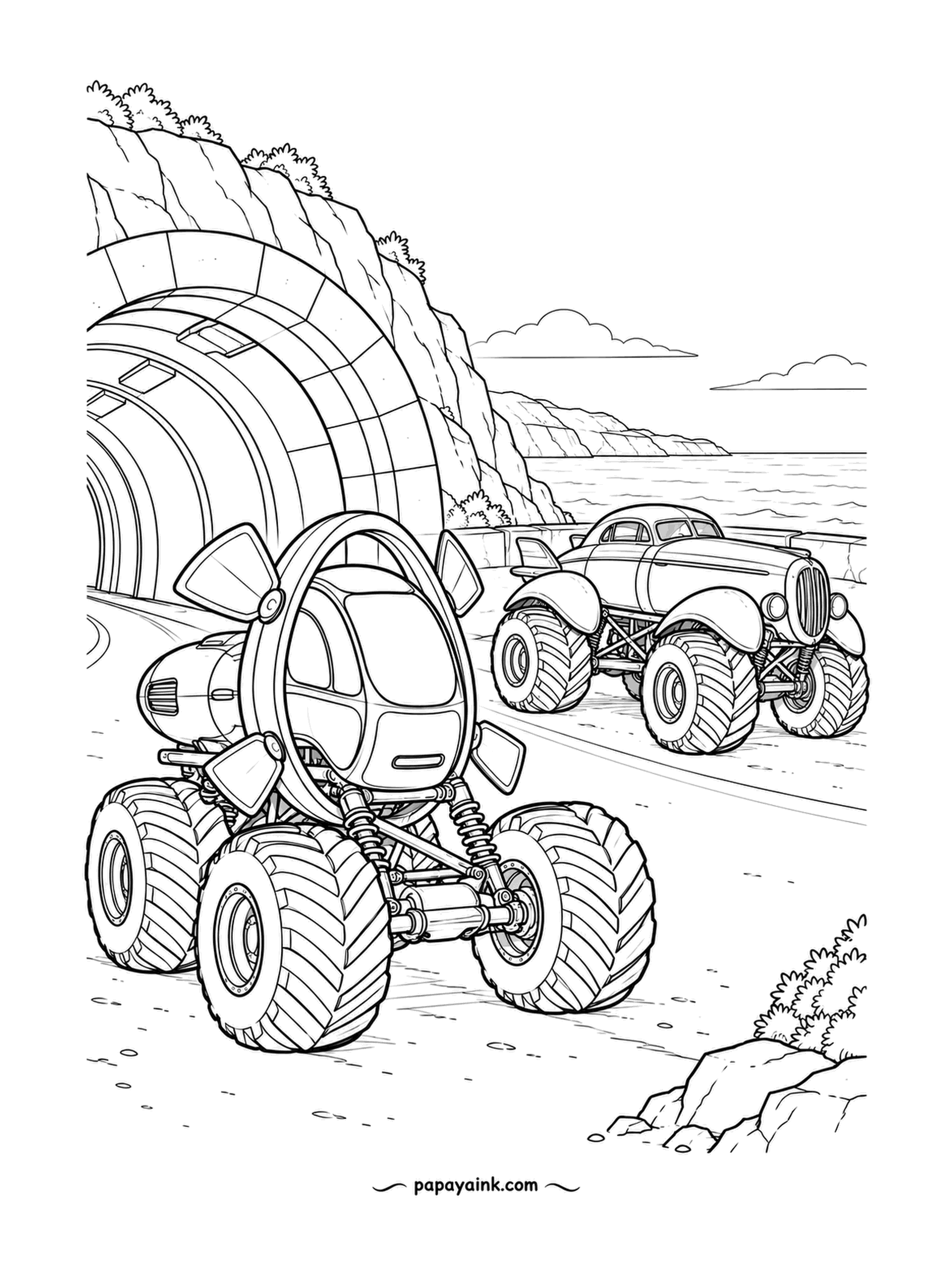 Monster Truck Coloring Pages - Out of a coastal tunnel: the ring-fronted driver pod leads, a vintage-style coupe truck follows along the sea wall, cliffs and open water on the right. The tunnel segments make nice stripes for a gradient.
