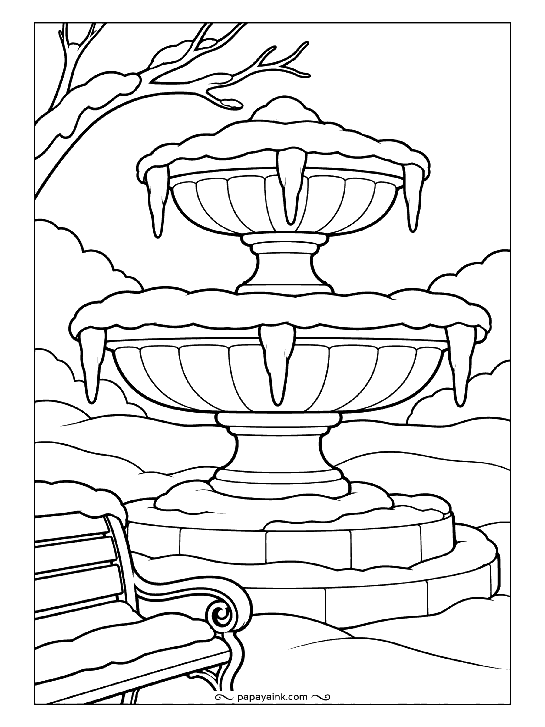 Free Printable Winter Coloring Pages - A two-tier park fountain frozen mid-pour, icicles hanging from both bowls and snow heaped on the rim, with a bench waiting nearby. Pale blue on the icicles, gray on the stone, and nothing more.