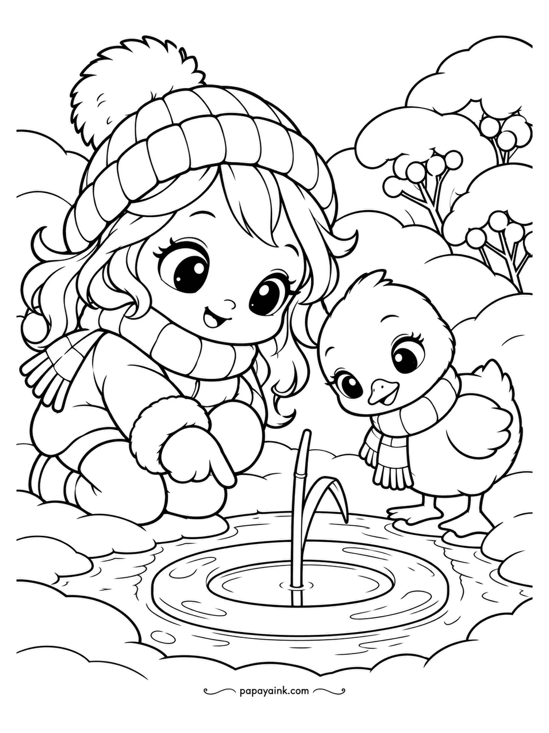 Kawaii Winter Coloring Pages - One reed stands in a frozen puddle with rings around it, as if the ice remembered the last ripple. The girl and the duckling are trying to count the rings. Pale blue on the ice; the reed in straw.