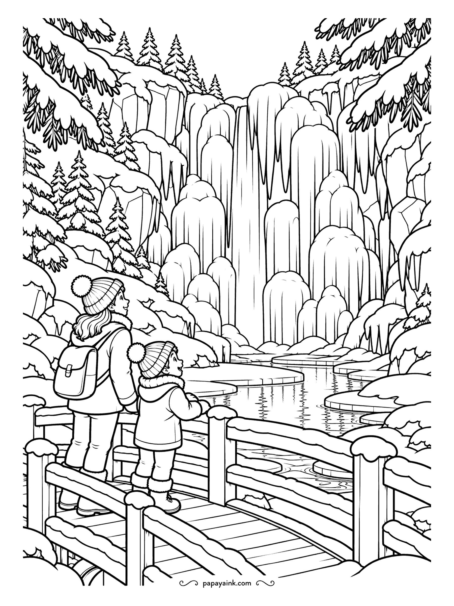 Free Printable Winter Coloring Pages - Parent and child on a wooden footbridge looking up at a waterfall frozen solid, columns of ice hanging from the ledge into a dark pool. Firs crowd both banks. Pale blue and white on the ice, deep blue in the pool.
