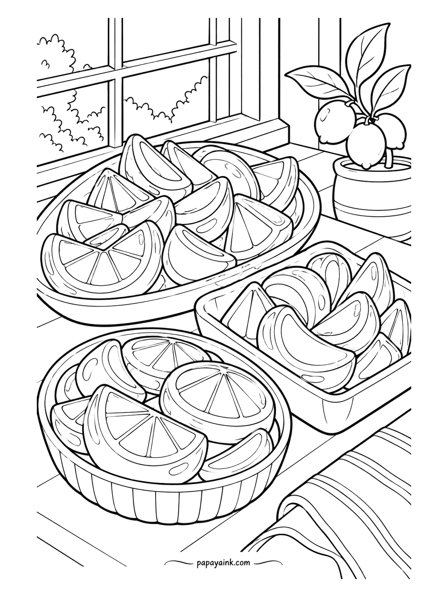 Candy Coloring Pages - Three tasting dishes of fruit jelly slices catch the morning light - orange wedges in the oval dish, rounds in the fluted bowl, and plain segments boxed on the side. A potted citrus sits on the sill as a hint. Detailed.