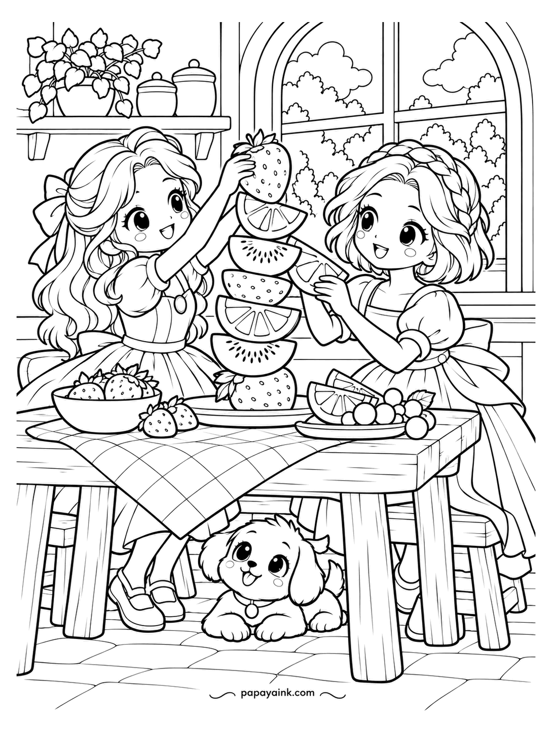 Kawaii Princess Coloring Pages - Watermelon, kiwi, orange, strawberry, and the tower is still standing. One princess places the top slice, the other steadies the middle, and the puppy under the table waits for the moment it isn't. Every slice a different fruit - bright markers welcome.
