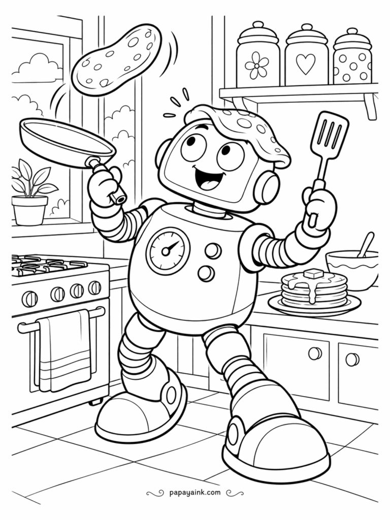 Robot Coloring Pages - The flip went high and the landing went wrong: one pancake is airborne and another sits on the robot's head like a hat. Pan and spatula stay ready for the next try. Give the chest dial a red needle, like a real gauge.