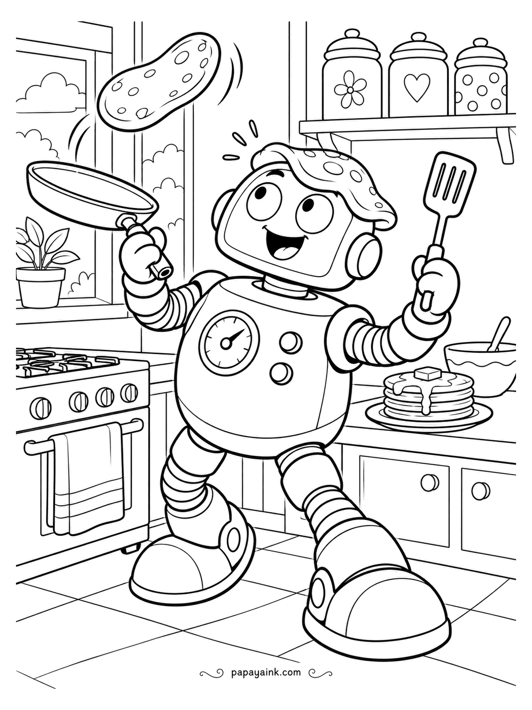 Robot Coloring Pages - The flip went high and the landing went wrong: one pancake is airborne and another sits on the robot's head like a hat. Pan and spatula stay ready for the next try. Give the chest dial a red needle, like a real gauge.