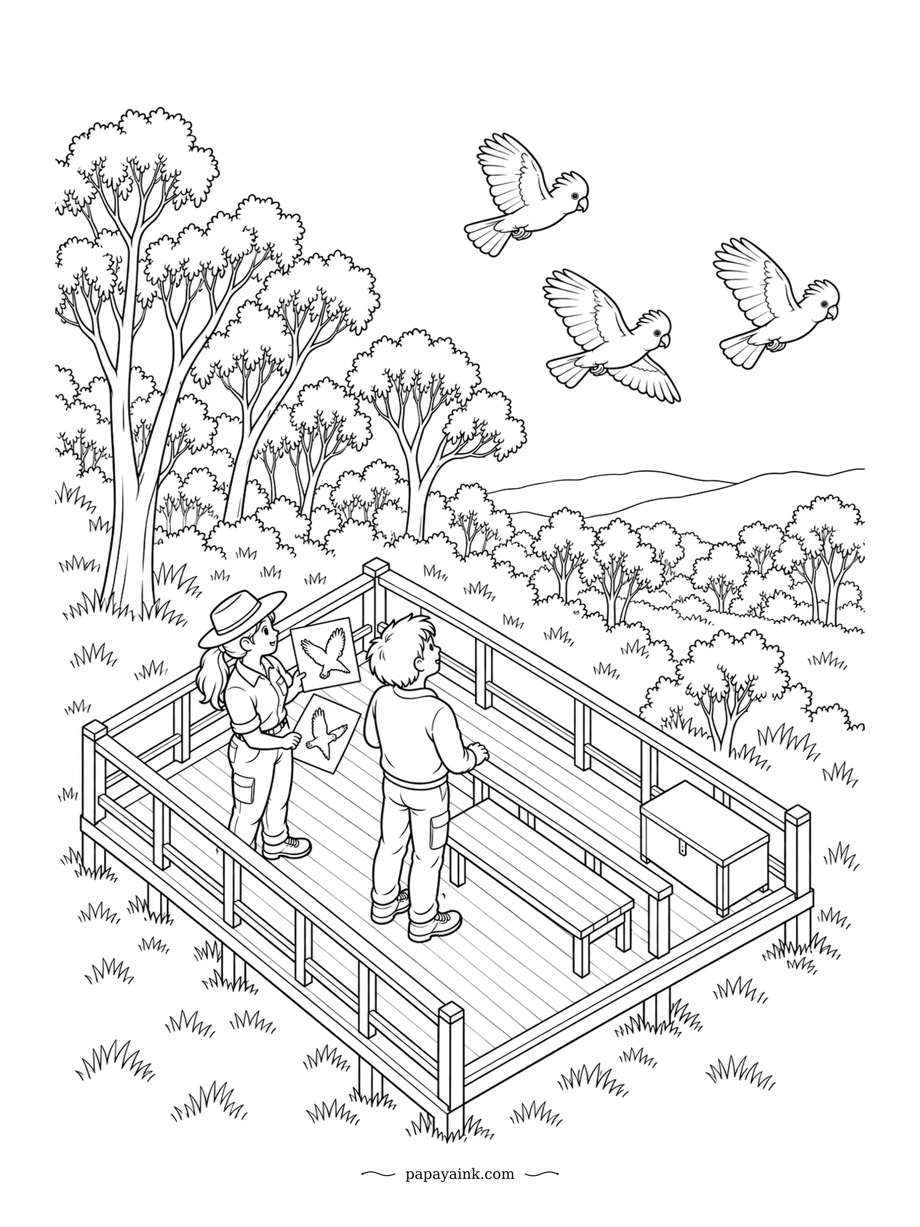 Parrot Coloring Pages - Three galahs sweep past the lookout while a ranger holds up bird silhouette cards and a visitor checks which one matches. Galahs are the pink-and-grey cockatoos of Australia. Detailed woodland and an isometric deck.