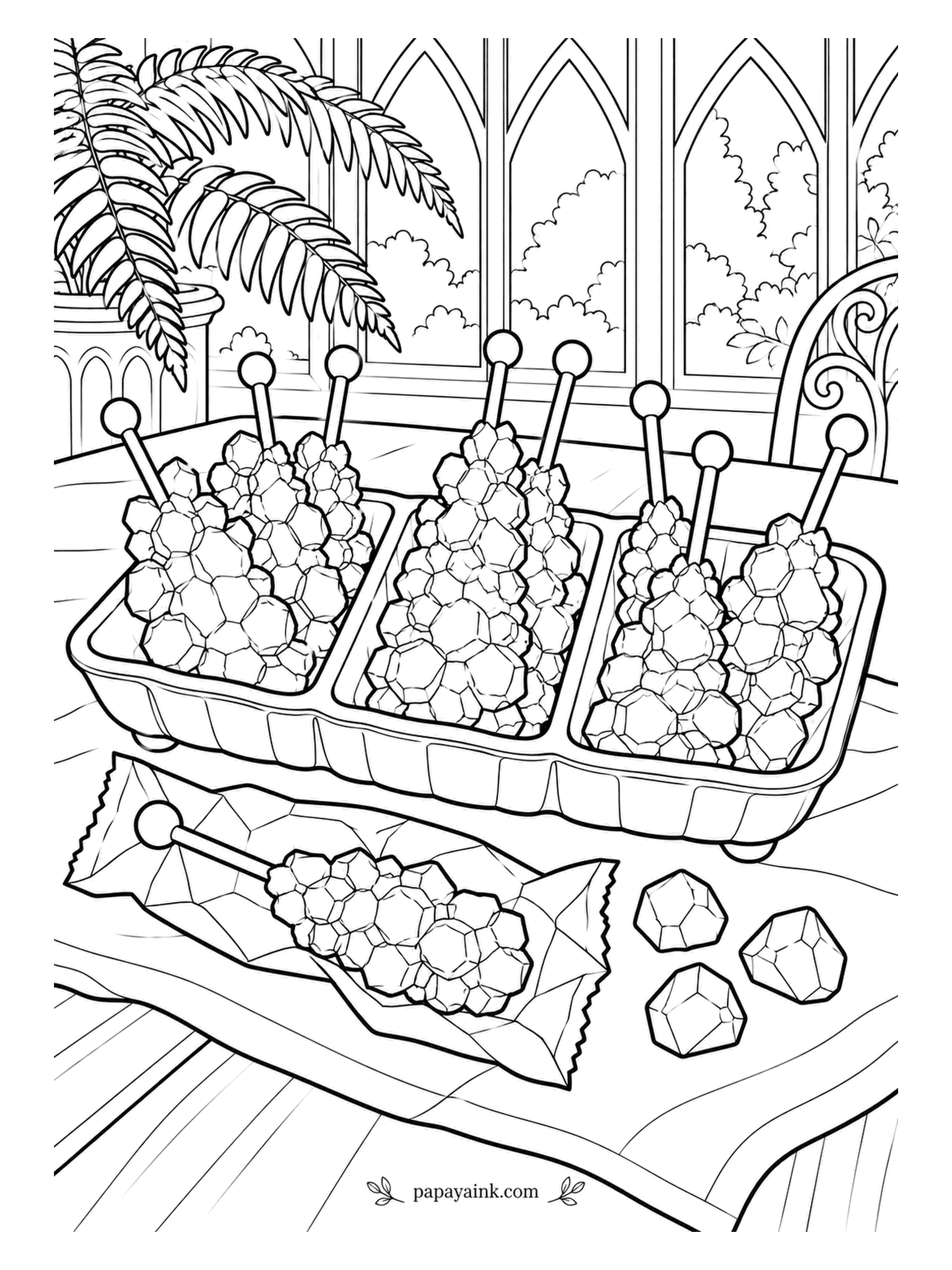 Candy Coloring Pages - Sugar crystal sticks, the rock candy kind, sorted into a three-section tray in the conservatory, ferns overhead and gothic windows at the rear. One stick lies in its wrapper with a few loose crystals. Detailed - every facet gets its own pale tint.