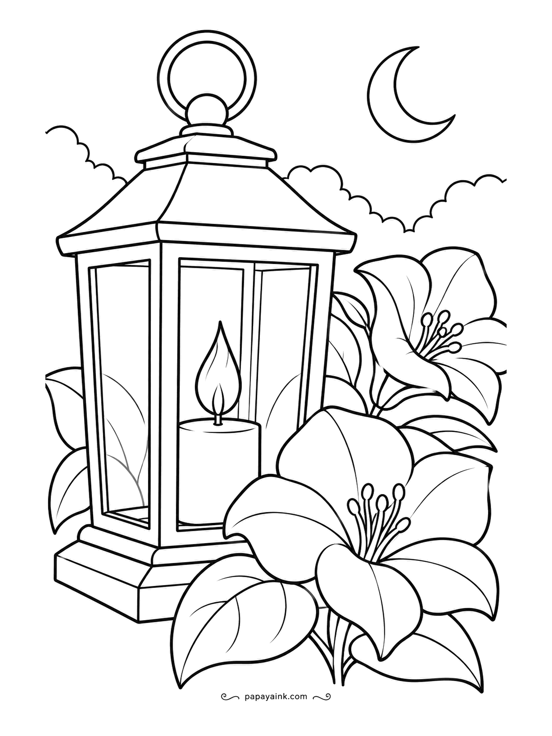 Garden Coloring Pages - Night in the garden: a candle lantern on a stone step beside lilies that open after dark, with a thin crescent moon above. Try an indigo sky, a warm glow around the candle, and lily petals left untouched so they catch the light.