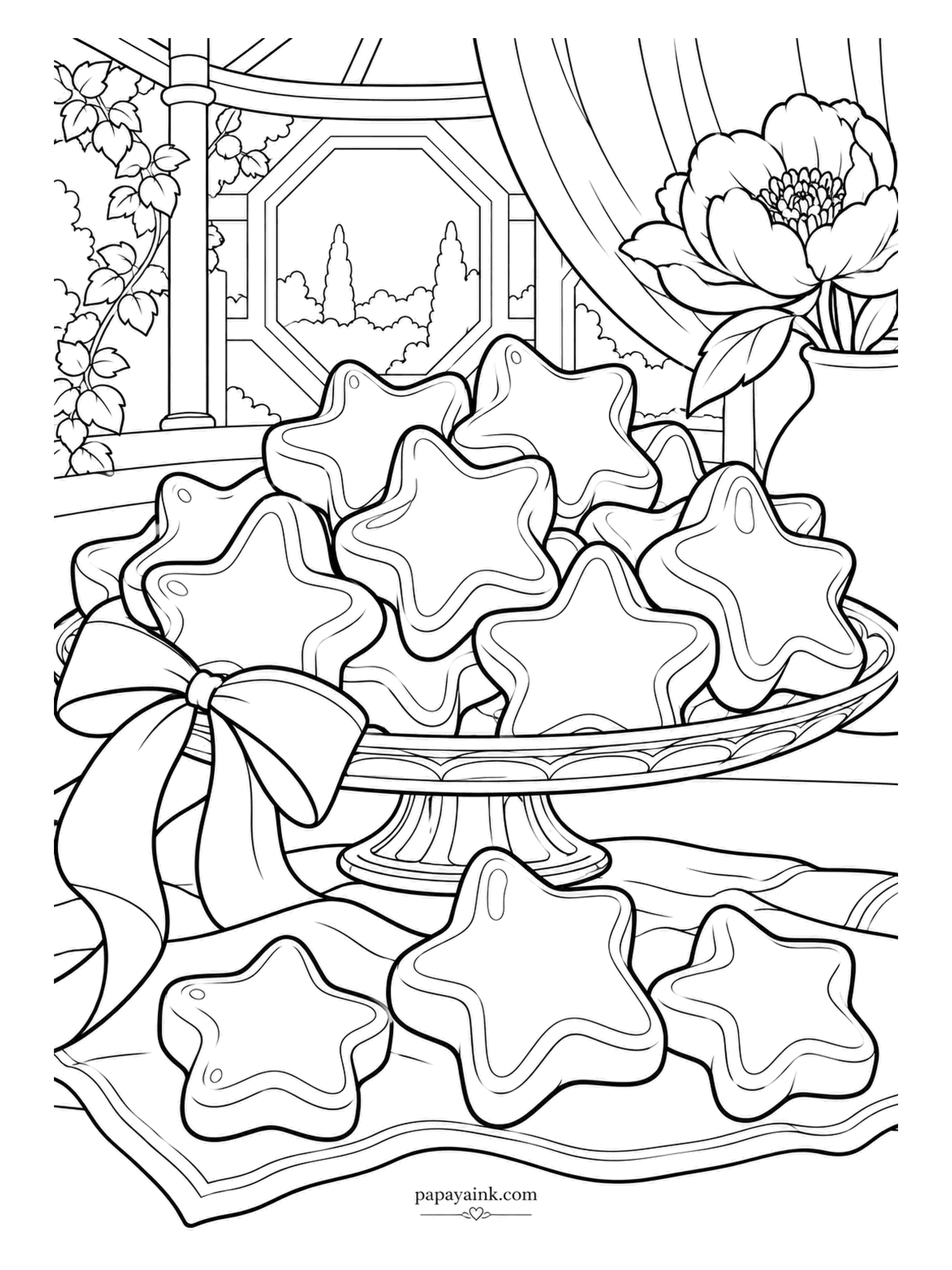 Candy Coloring Pages - Gummy stars stacked on a cake stand in the garden pavilion, with a peony in a vase and an octagonal window facing the cypress trees. The bow in front is bigger than the stand. Pastel for the gummies, deep green beyond the glass.