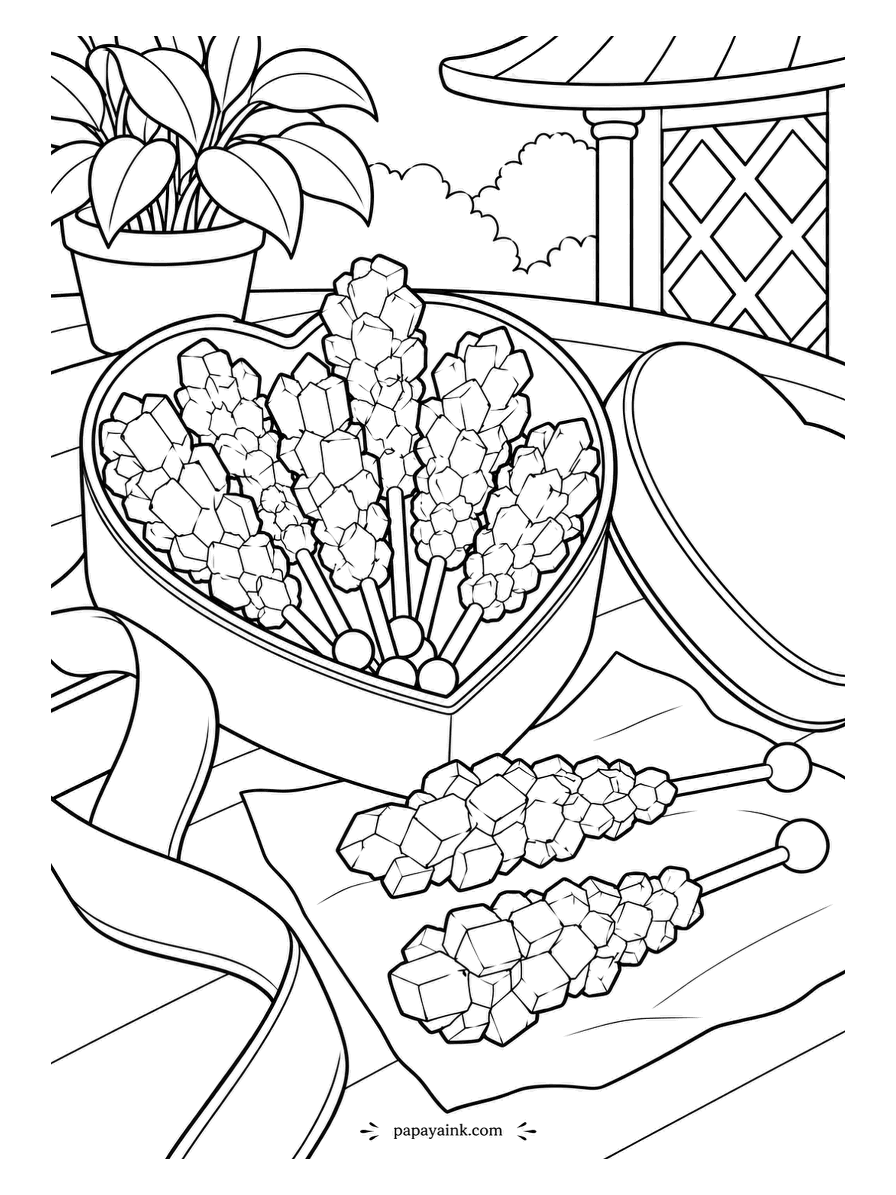 Candy Coloring Pages - Bristling from a heart box under the pavilion roof, the rock candy sticks catch the light, the lid leaning on the table and two laid on tissue. A trellis and a potted plant close the view. Detailed - crystal by crystal, light tints.