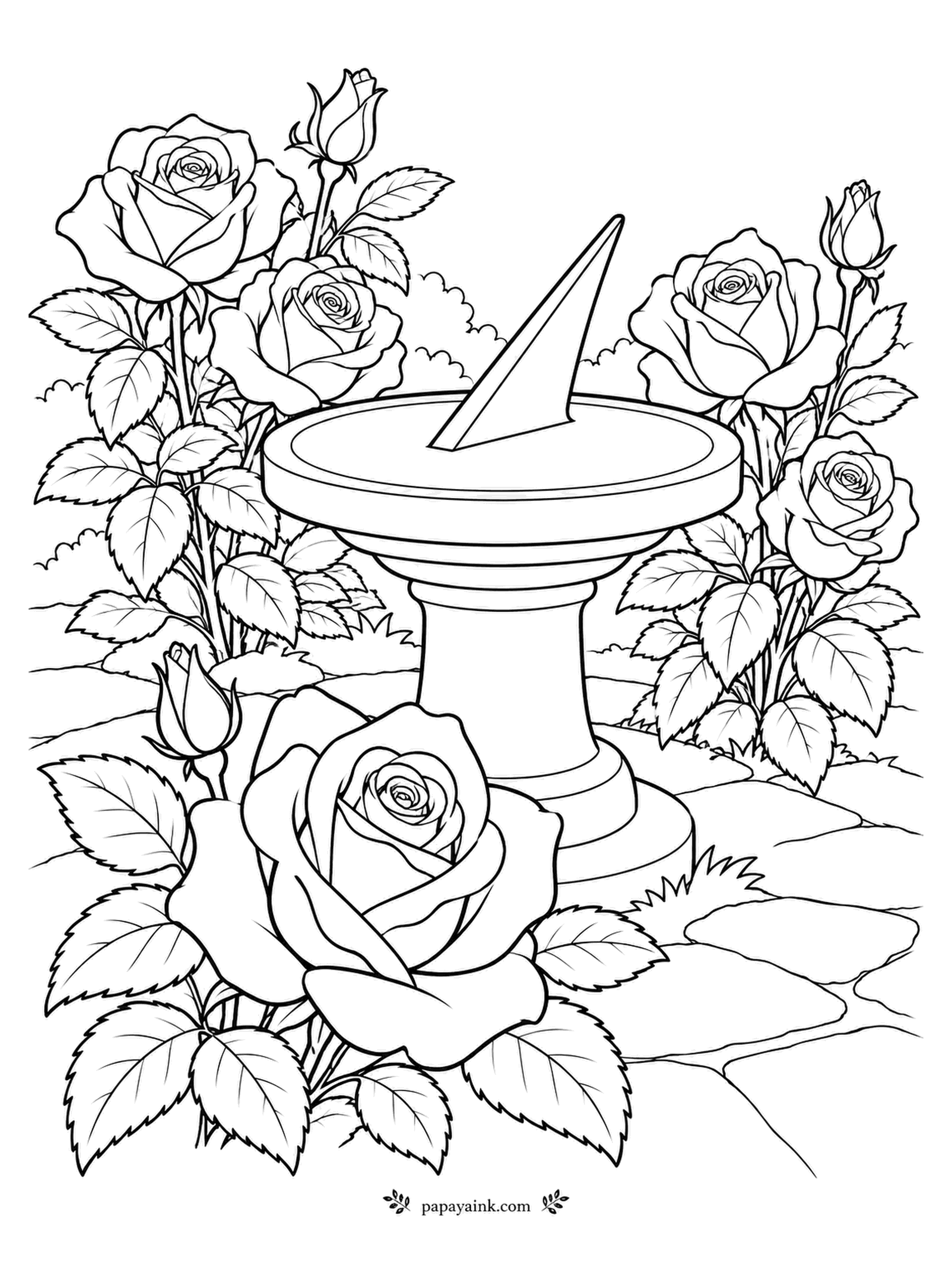 Rose Coloring Pages - A sundial keeps time only on clear days, which suits a rose garden perfectly. One oversized bloom has settled in front of the pedestal like a guard on duty. Smooth surfaces and broad petals are quick to finish.