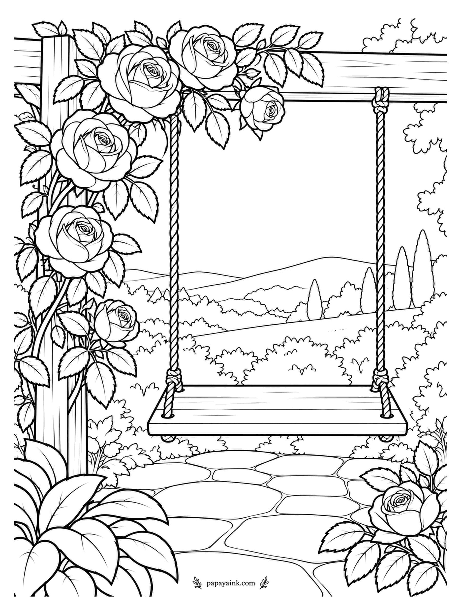 Rose Coloring Pages - An empty rope swing hangs from a beam heavy with roses, and the only ones waiting in line are the bees. Hills and cypresses fill the view behind it. Leave the sky white so the frame of flowers stands out.