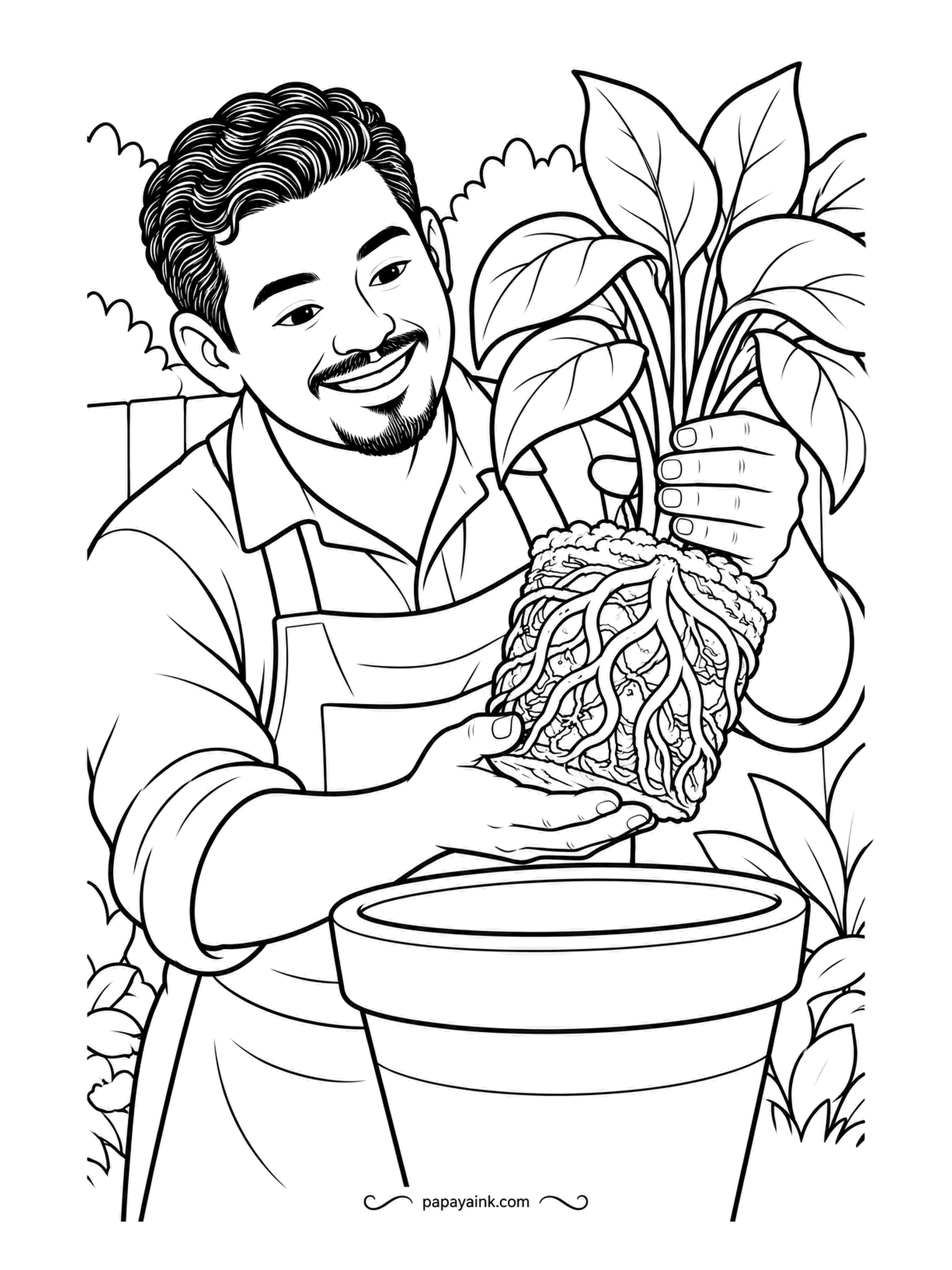Garden Coloring Pages - Lifted clear of its pot, a plant shows its roots wrapped tight around the soil - the moment a gardener decides it needs a bigger home. The roots are drawn as curling strands; leave them pale against darker soil so they show.