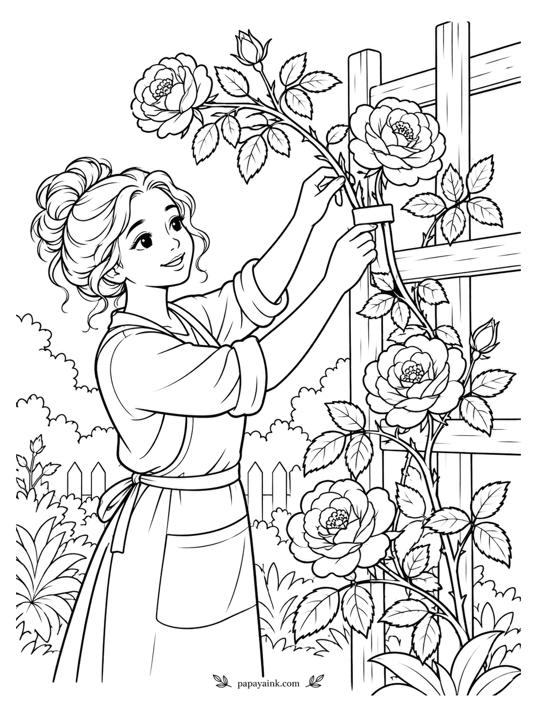 Rose Coloring Pages - Climbing roses have no tendrils, so someone has to tie each cane to its support by hand. This gardener in an apron is doing exactly that, one strip at a time. Detailed - roses run all the way up the frame.