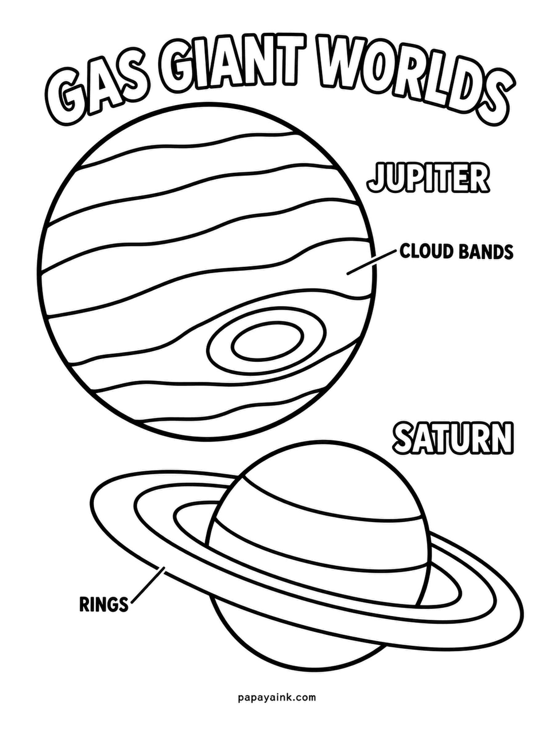 Planet Coloring Pages - Gas giant worlds, the two biggest planets on one sheet: Jupiter with its labeled cloud bands and spot, Saturn below with the rings called out. Cream and cinnamon for Jupiter, honey and gold for Saturn.