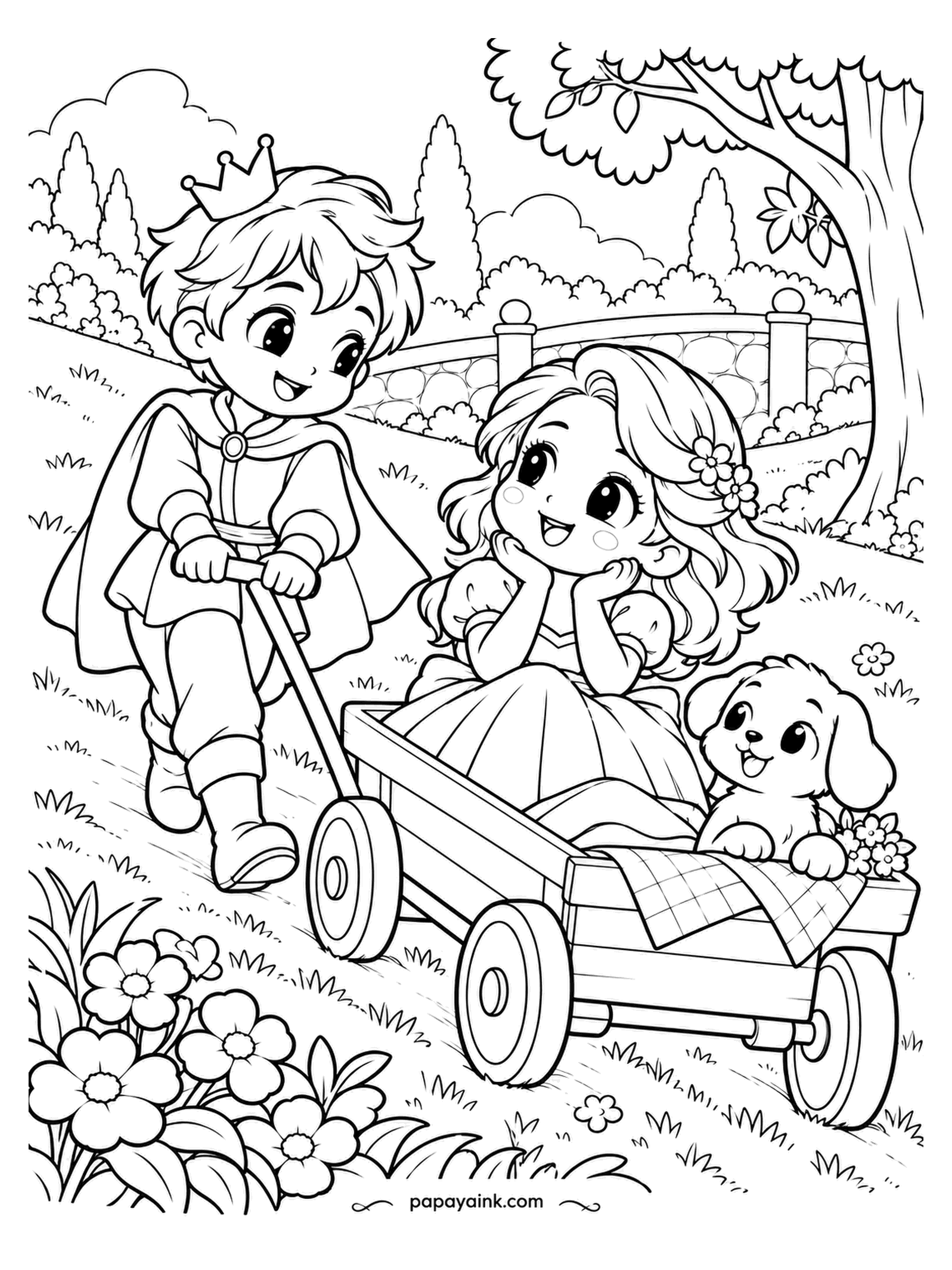 Kawaii Princess Coloring Pages - Downhill in a wagon, with the prince as the engine. He walks ahead with the handle, the princess rides with her chin in her hands, and the puppy has the best seat on the blanket. Grass takes up half the page - vary the green.