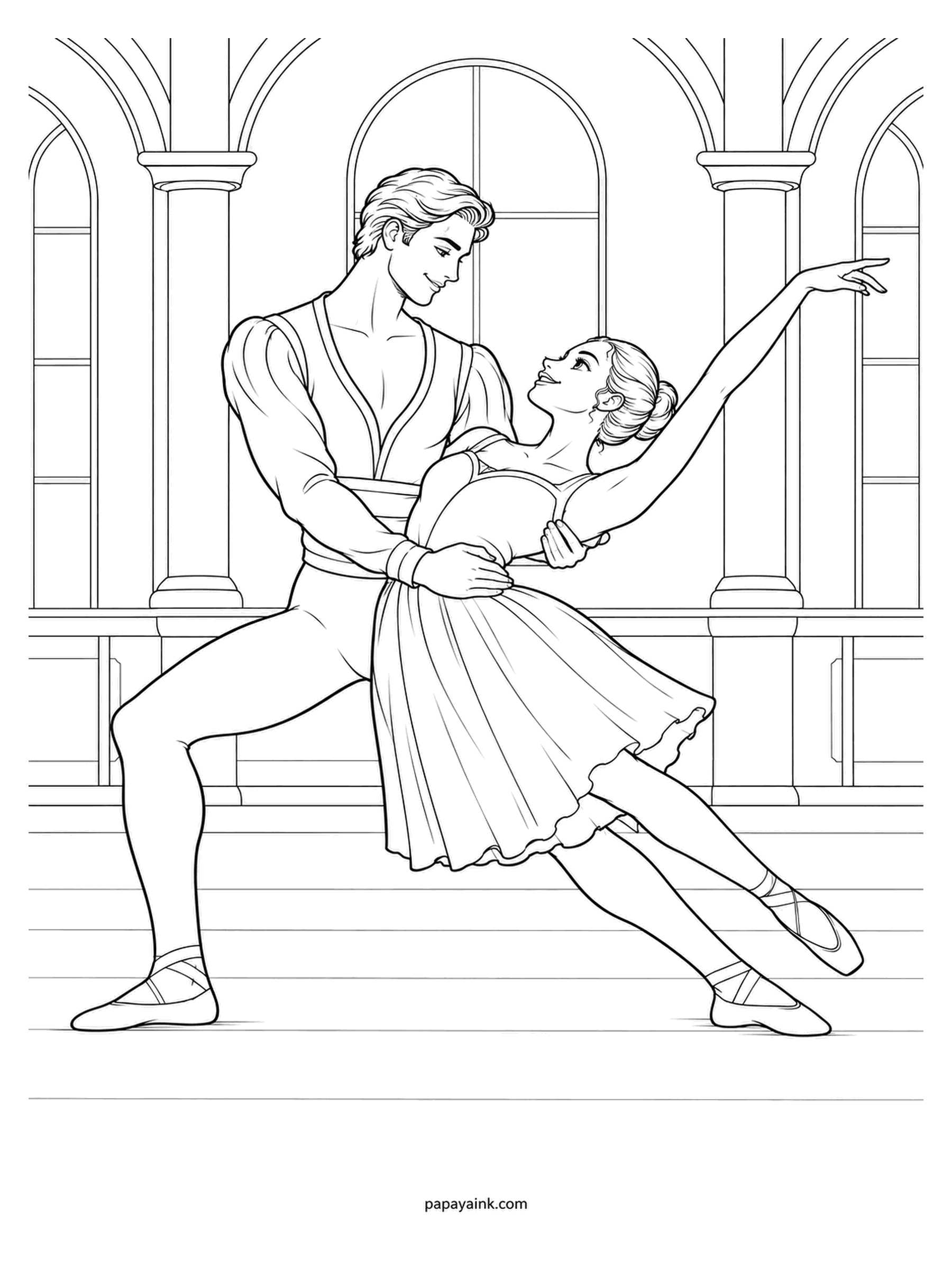 Ballerina Coloring Pages - A softer cousin of the famous fish dive from The Sleeping Beauty. He sinks into a deep lunge and supports her as she tips back on a long diagonal. Keep her costume light against his darker tights.