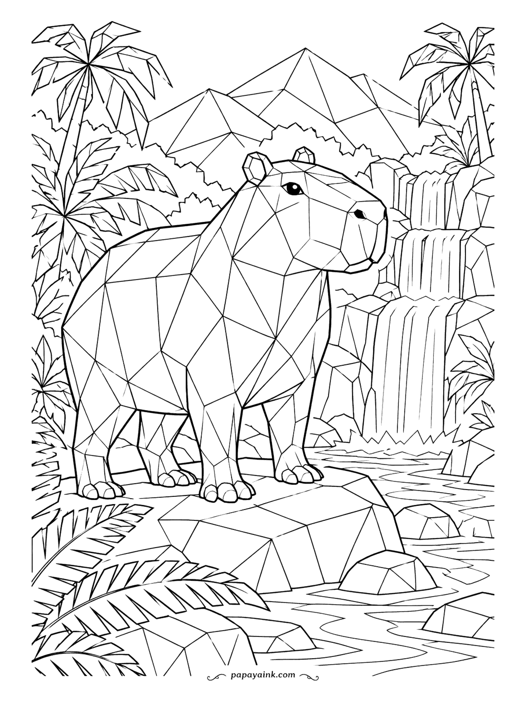 Capybara Coloring Pages - Every surface on this geometric capybara is a flat facet, from the snout down to the rocks and the waterfall behind it. Shade each facet a step lighter or darker than its neighbor and the low-poly shape turns three-dimensional. Detailed.