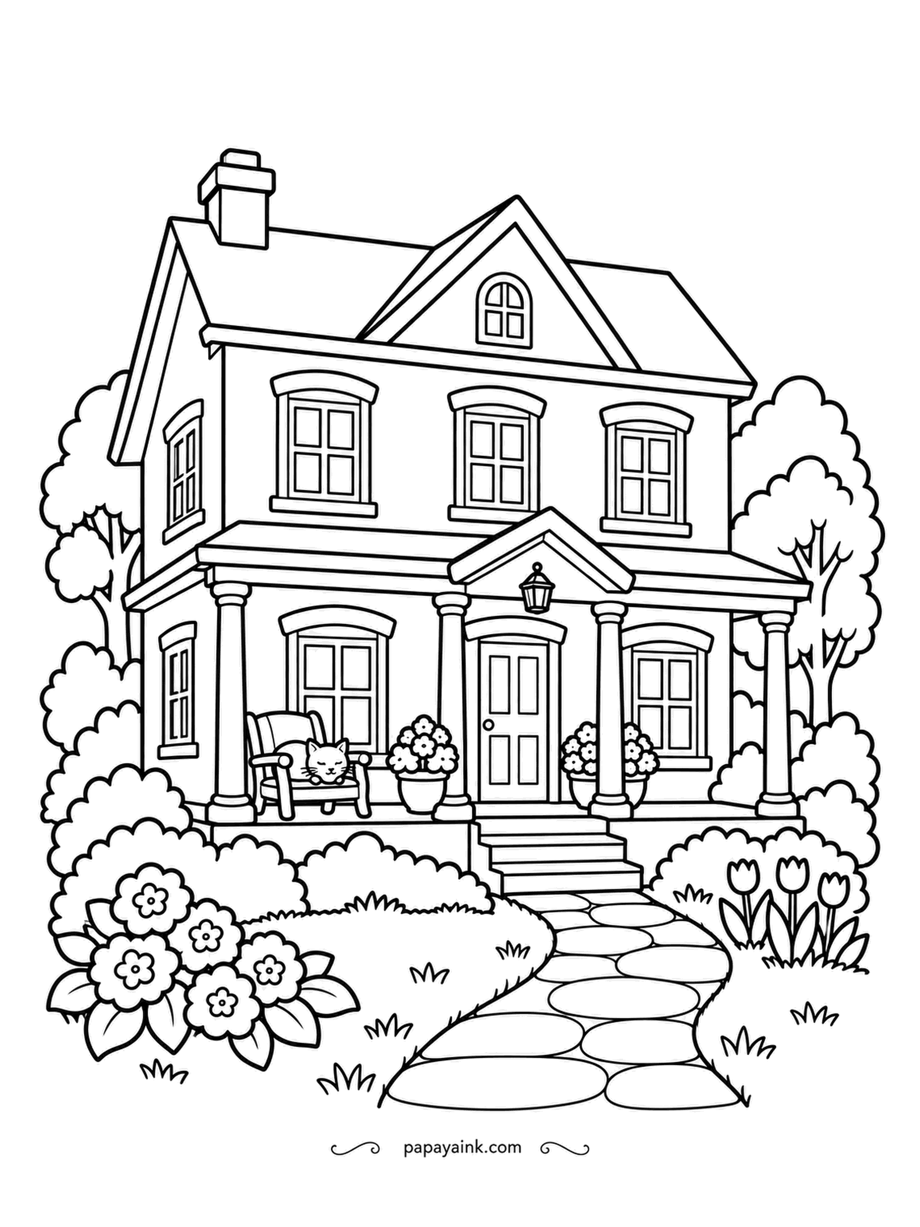 House Coloring Pages - Symmetry is the whole point of a Georgian Revival house: center door, matching windows, a chimney at the end. A cat has the porch bench to itself, with tulips and hydrangeas along the walk. Two wall colors at most, or the symmetry is lost.